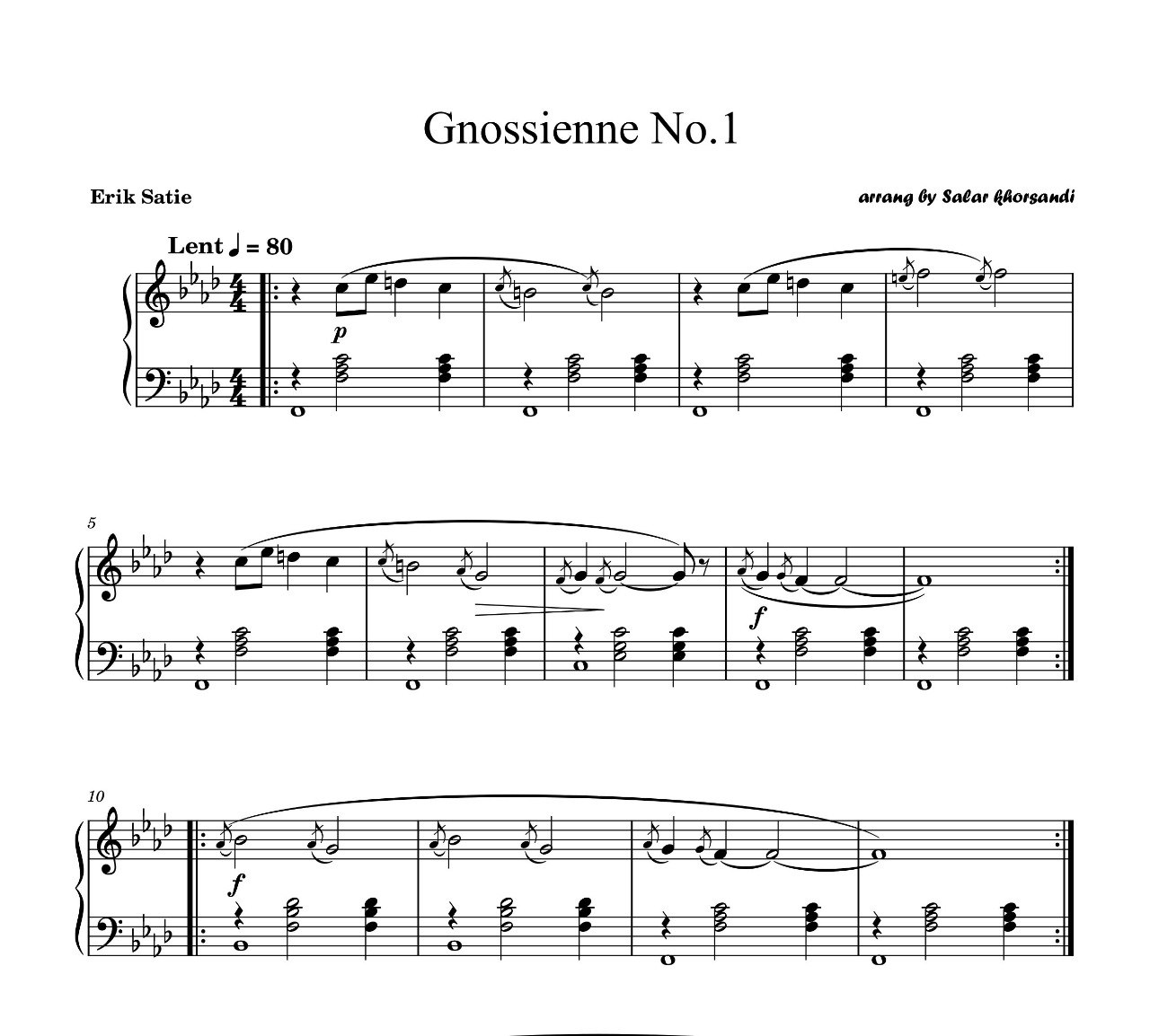 نت پیانو Gnossienne No1  از اریک ساتی