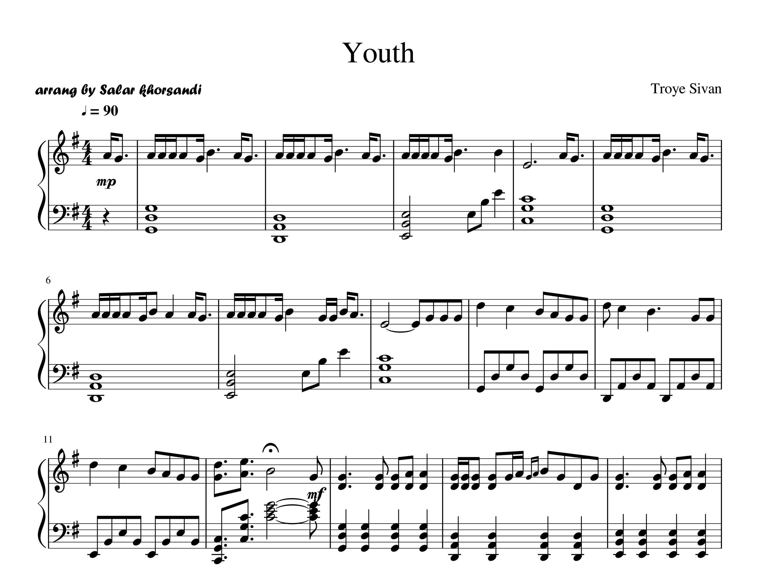 نت پیانو Youth از Troye Sivan Mellet