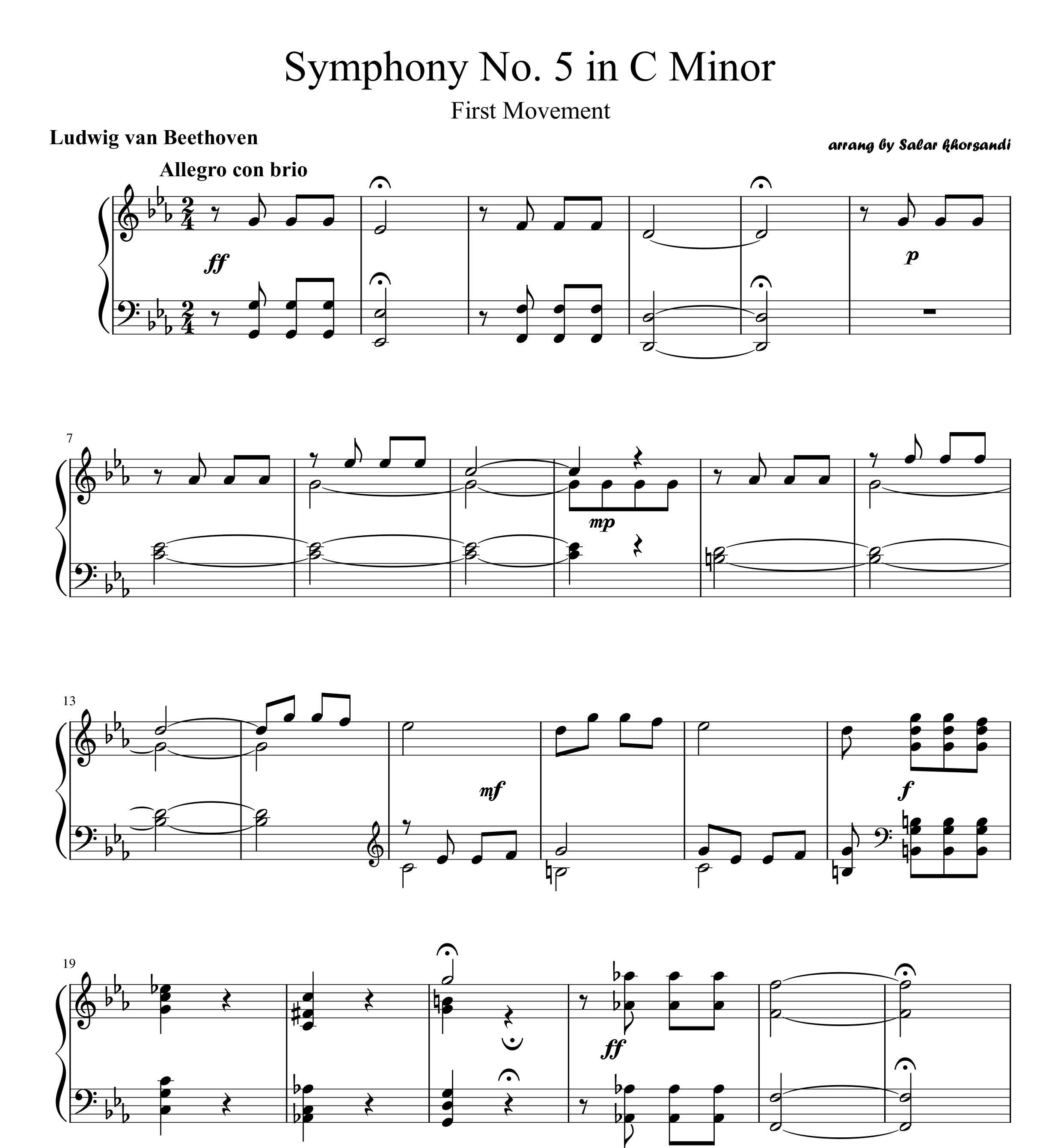 نت ساده شده ی مومان اول سمفونی 5 بتهوون برای پیانو
