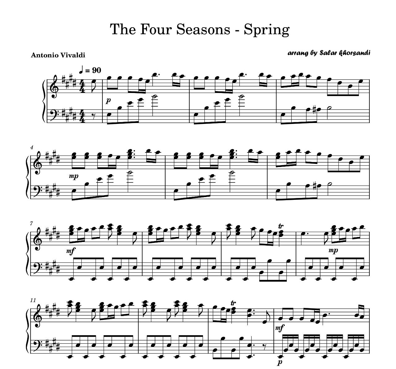 نت پیانو چهار فصل ویوالدی بهار The Four Seasons