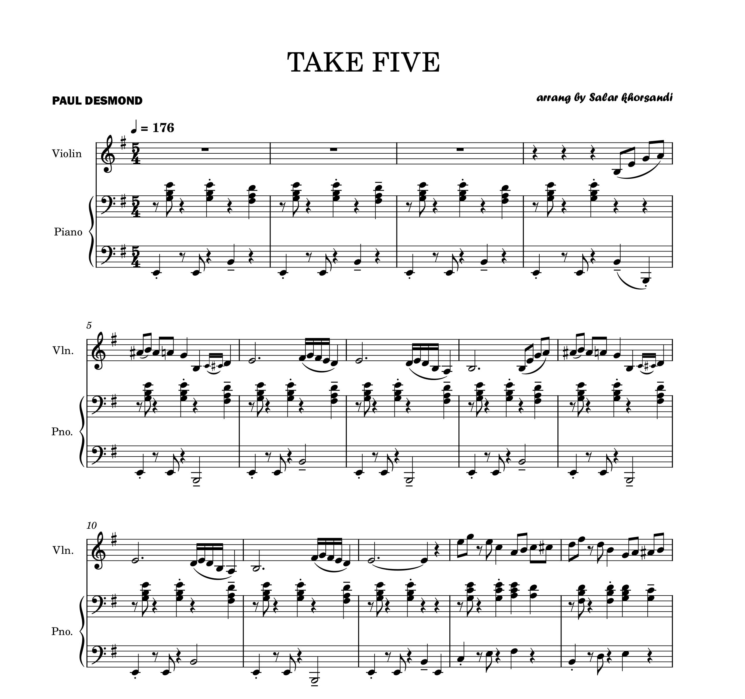 نت دوئت پیانو و ویولن Take Five از پل دزموند