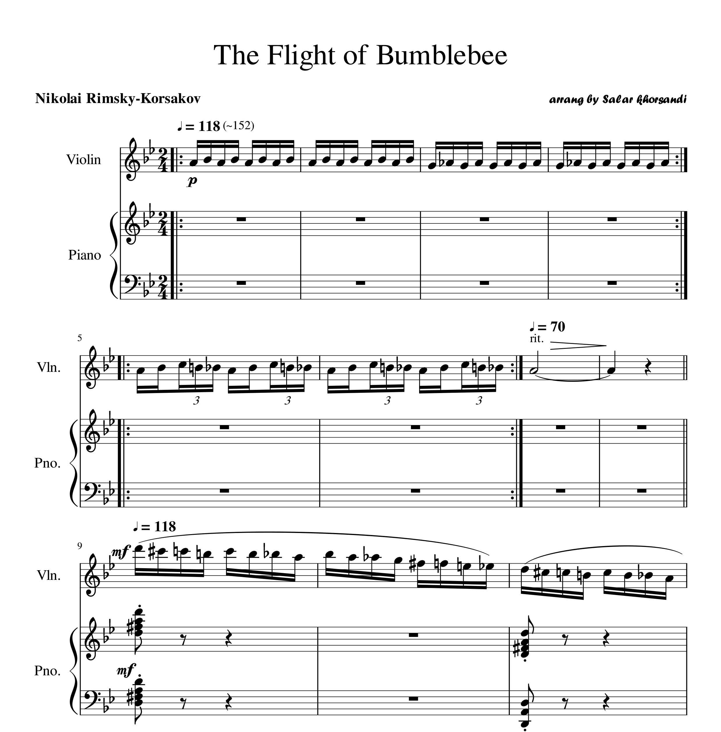 نت تیتراژ هاچ زنبور عسل (The Flight of Bumblebee) برای پیانو و ویولون