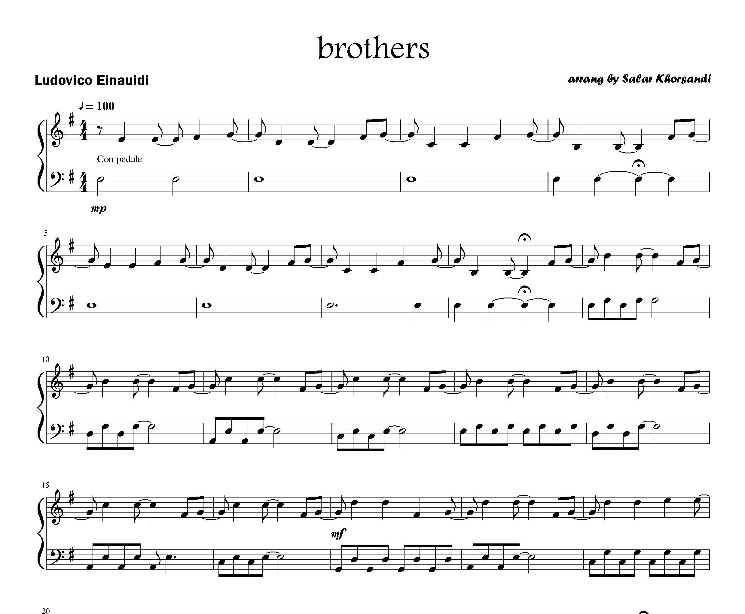 نت پیانو brothers از Ludovico Einaudi