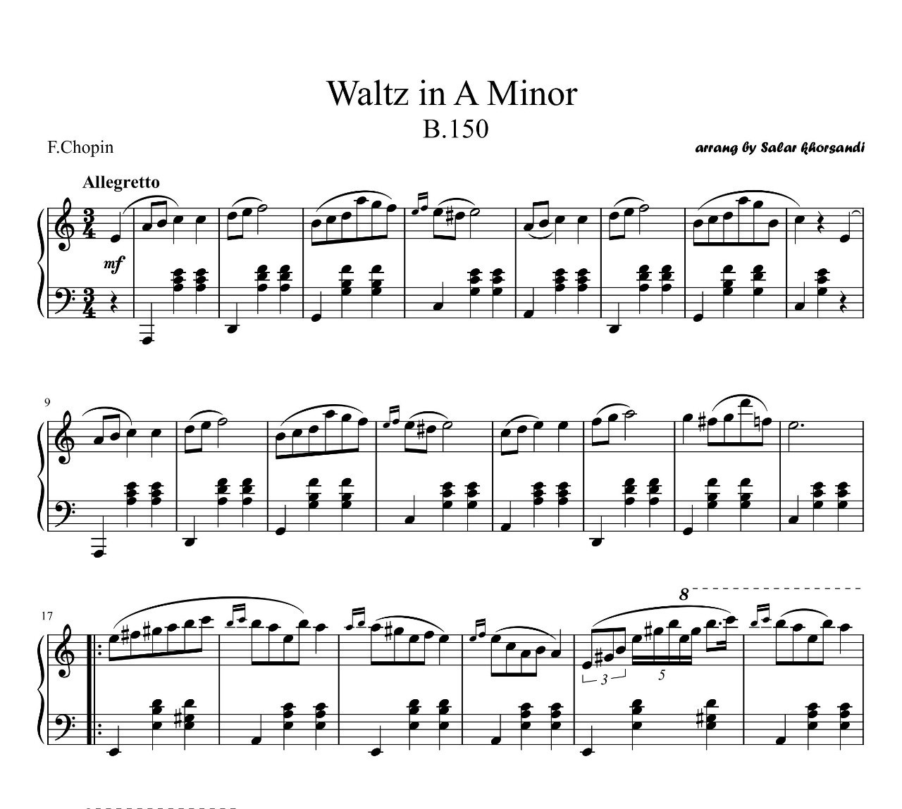 نت پیانو Waltz in A Minor B150 فردریک شوپن