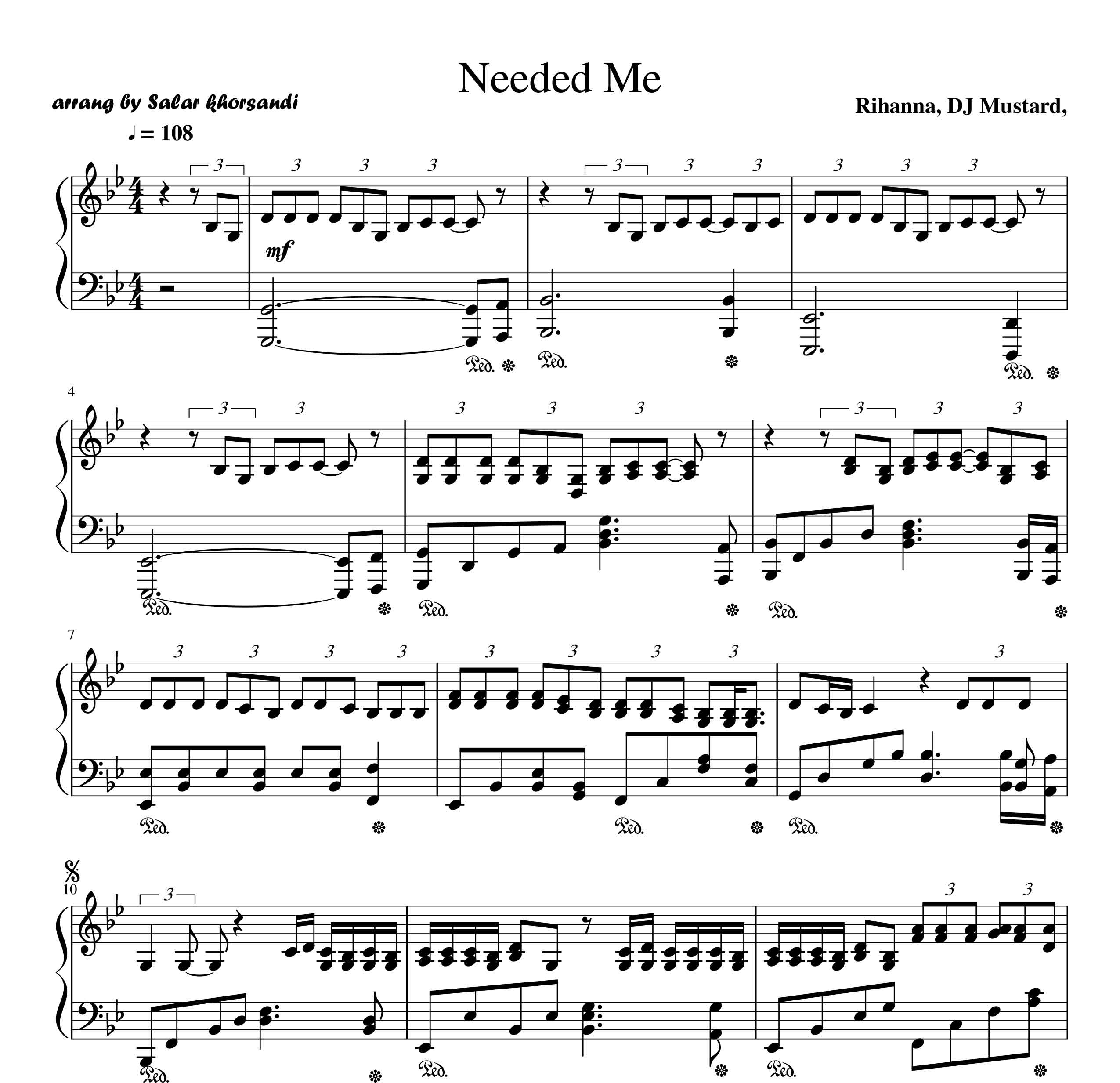 نت پیانو اهنگ (needed me) از ریانا