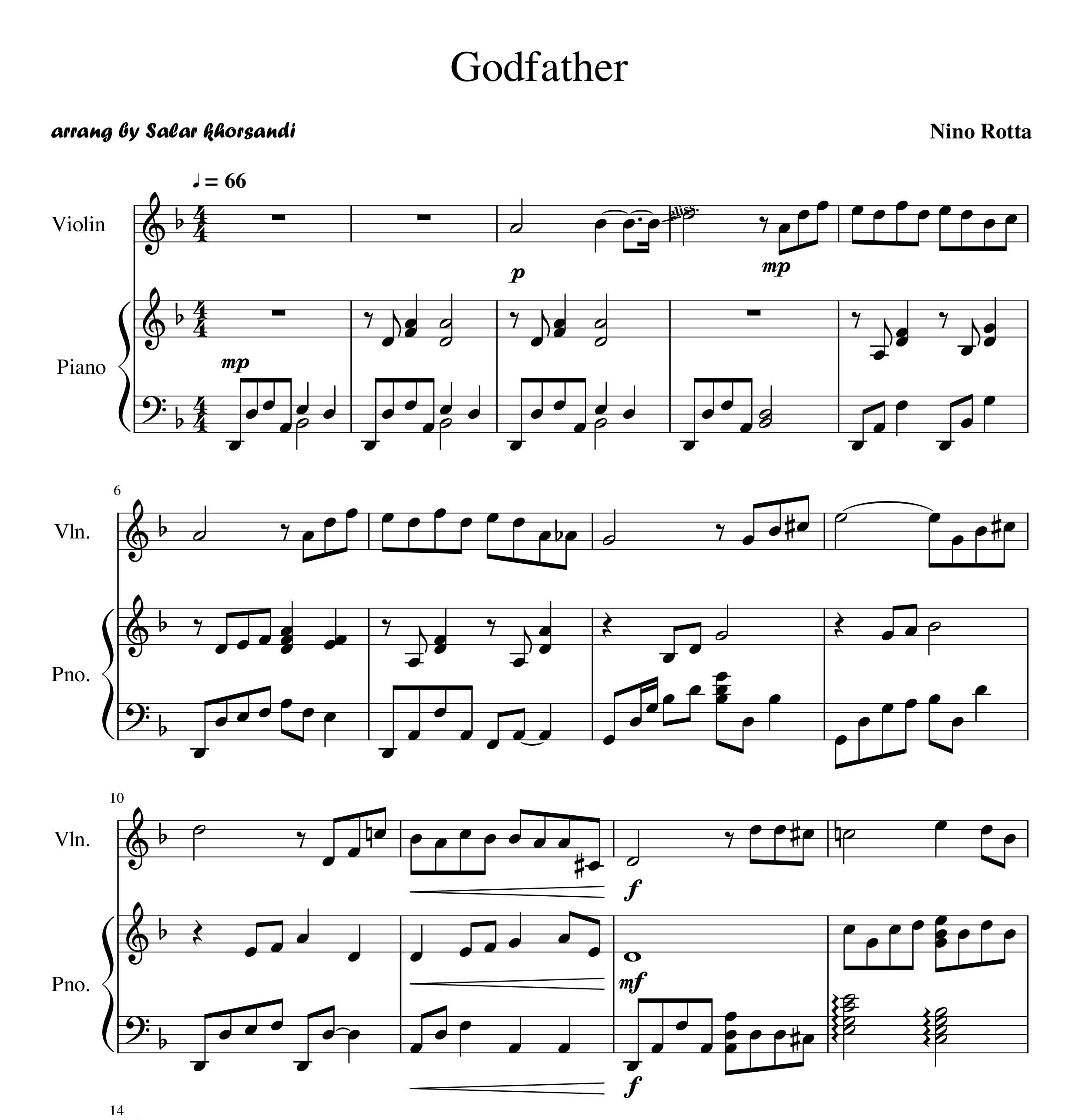 نت آهنگ پدر خوانده (Godfather) برای پیانو و ویولن