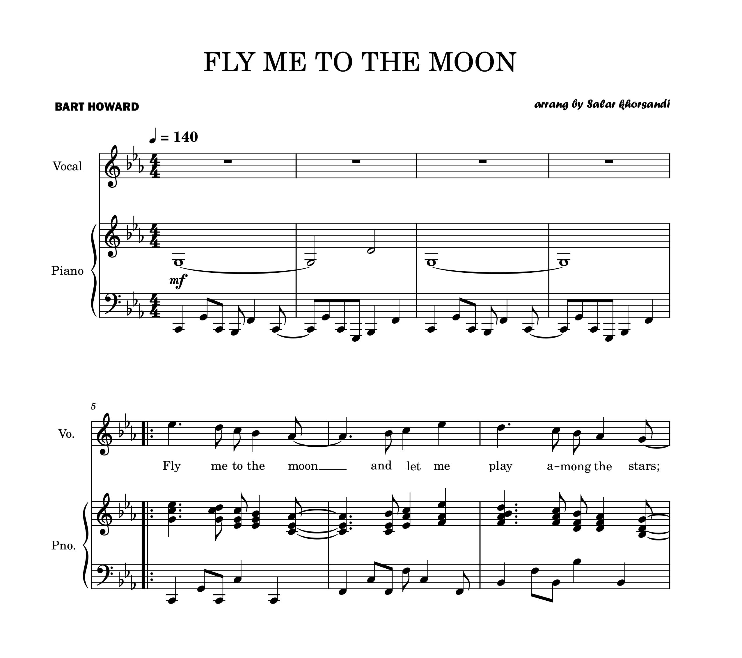 نت دوئت پیانو و وکال Fly me to the moon از بارت هوارد