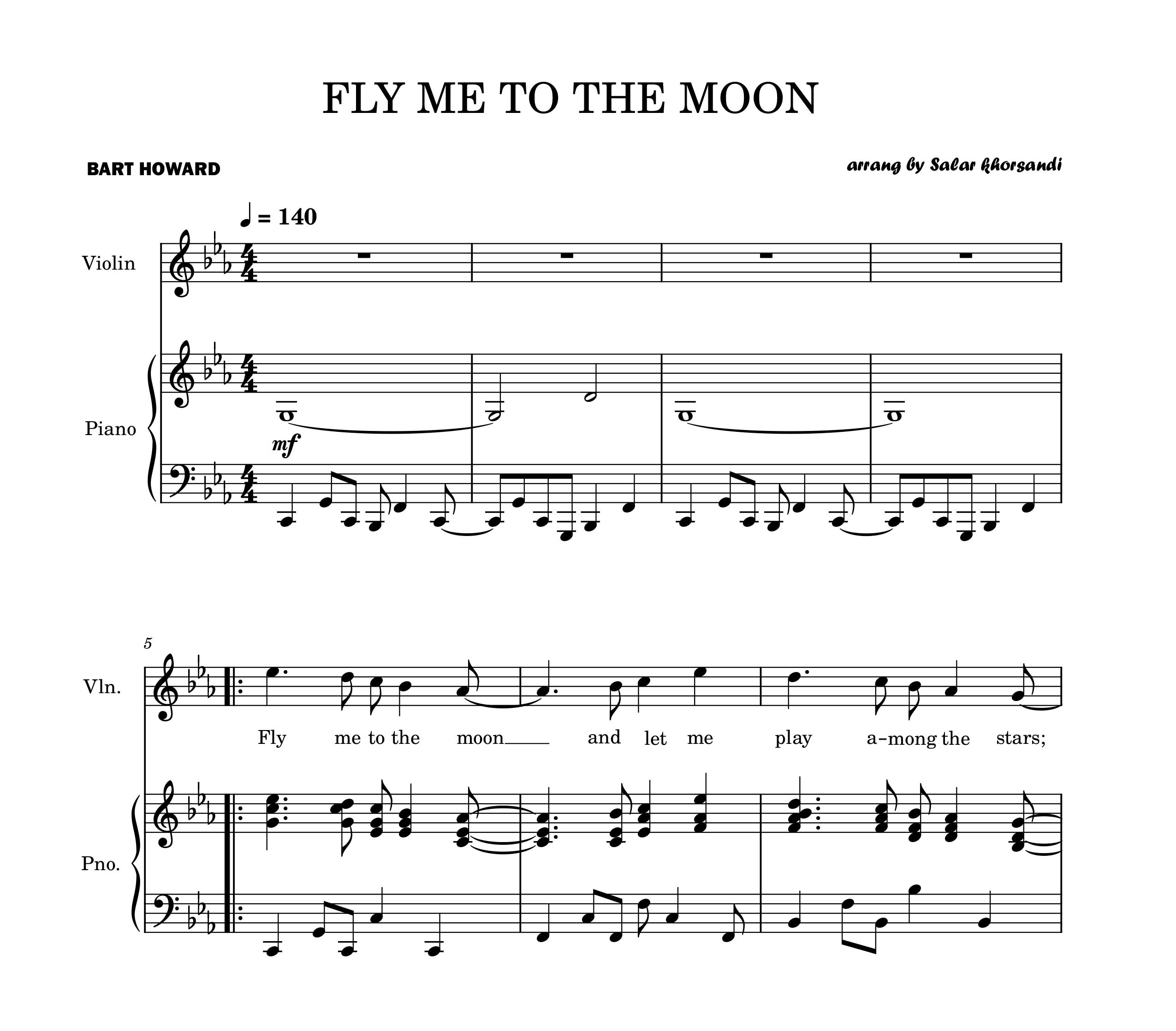 نت دوئت پیانو و ویولن Fly me to the moon از بارت هوارد