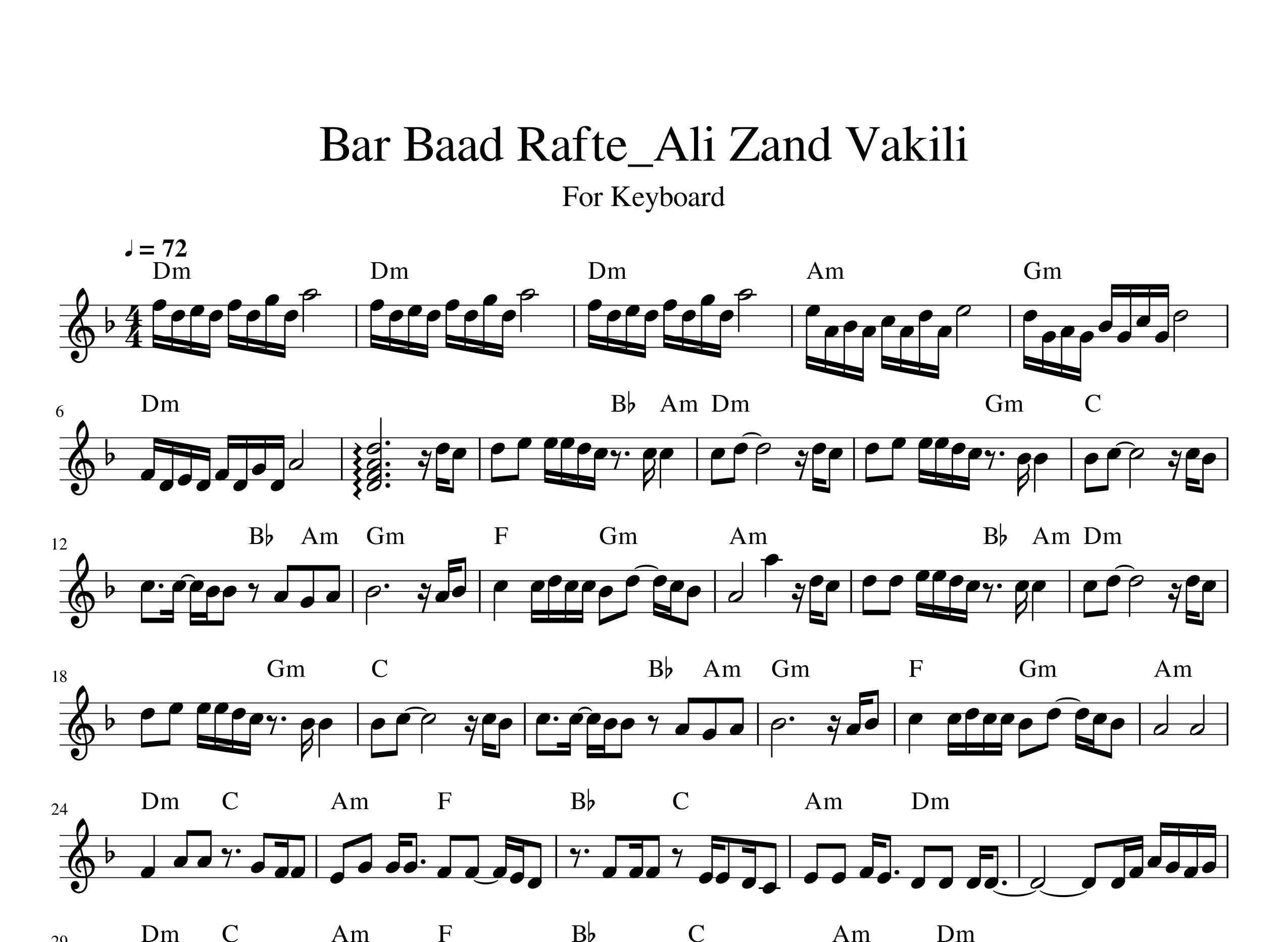 نت کیبورد آهنگ برباد رفته از علی زندوکیلی به همراه آکورد