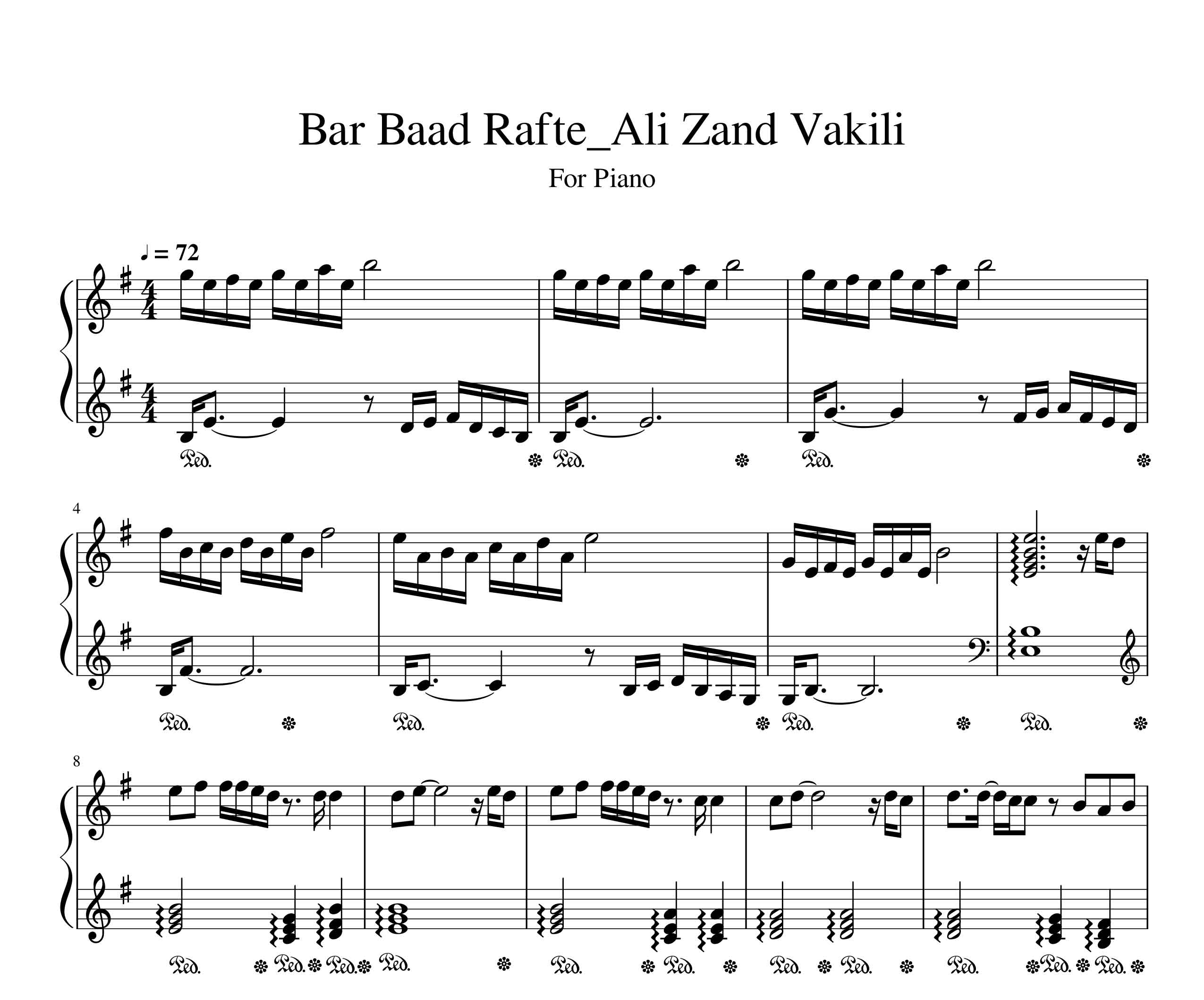 نت پیانو برباد رفته از علی زندوکیلی