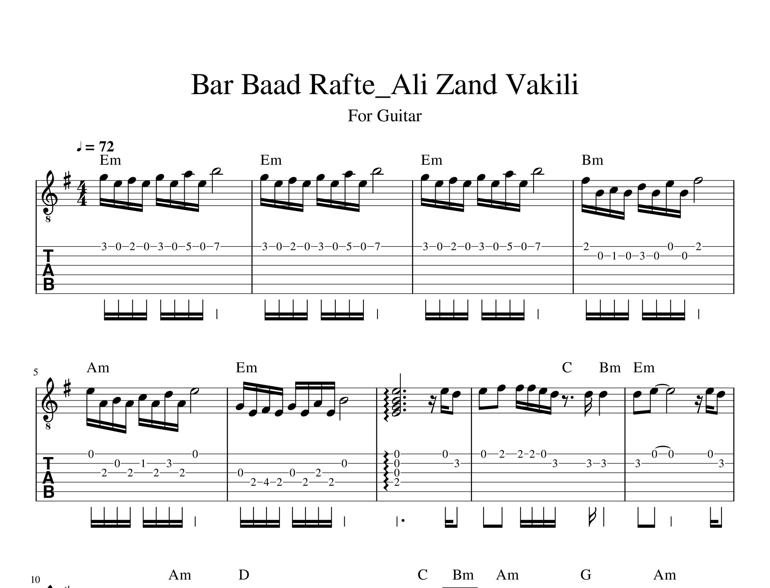 نت گیتار برباد رفته از علی زندوکیلی به همراه تبلچر و آکورد