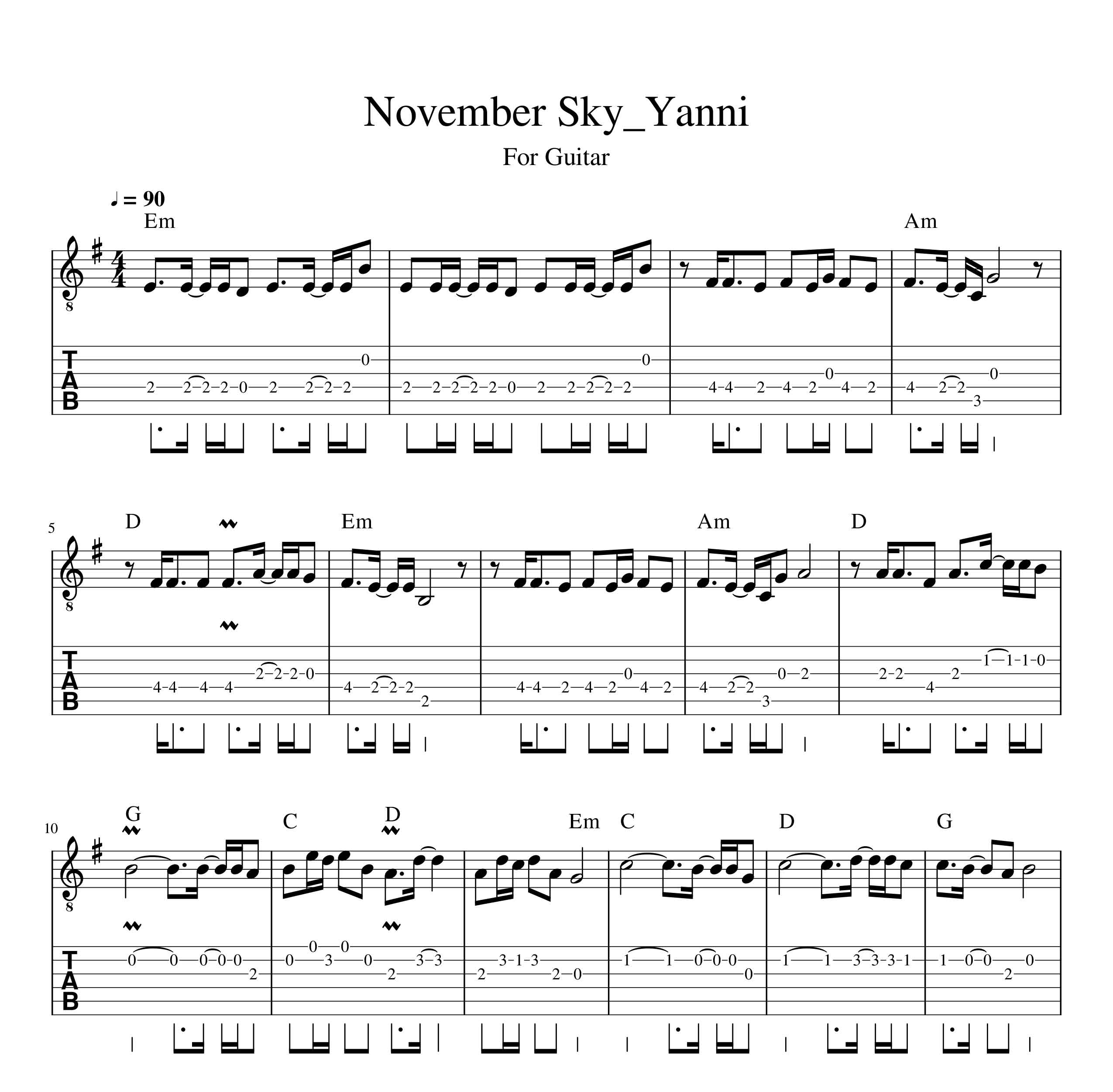 نت گیتار آهنگ November Sky از یانی به همراه تبلچر و آکورد