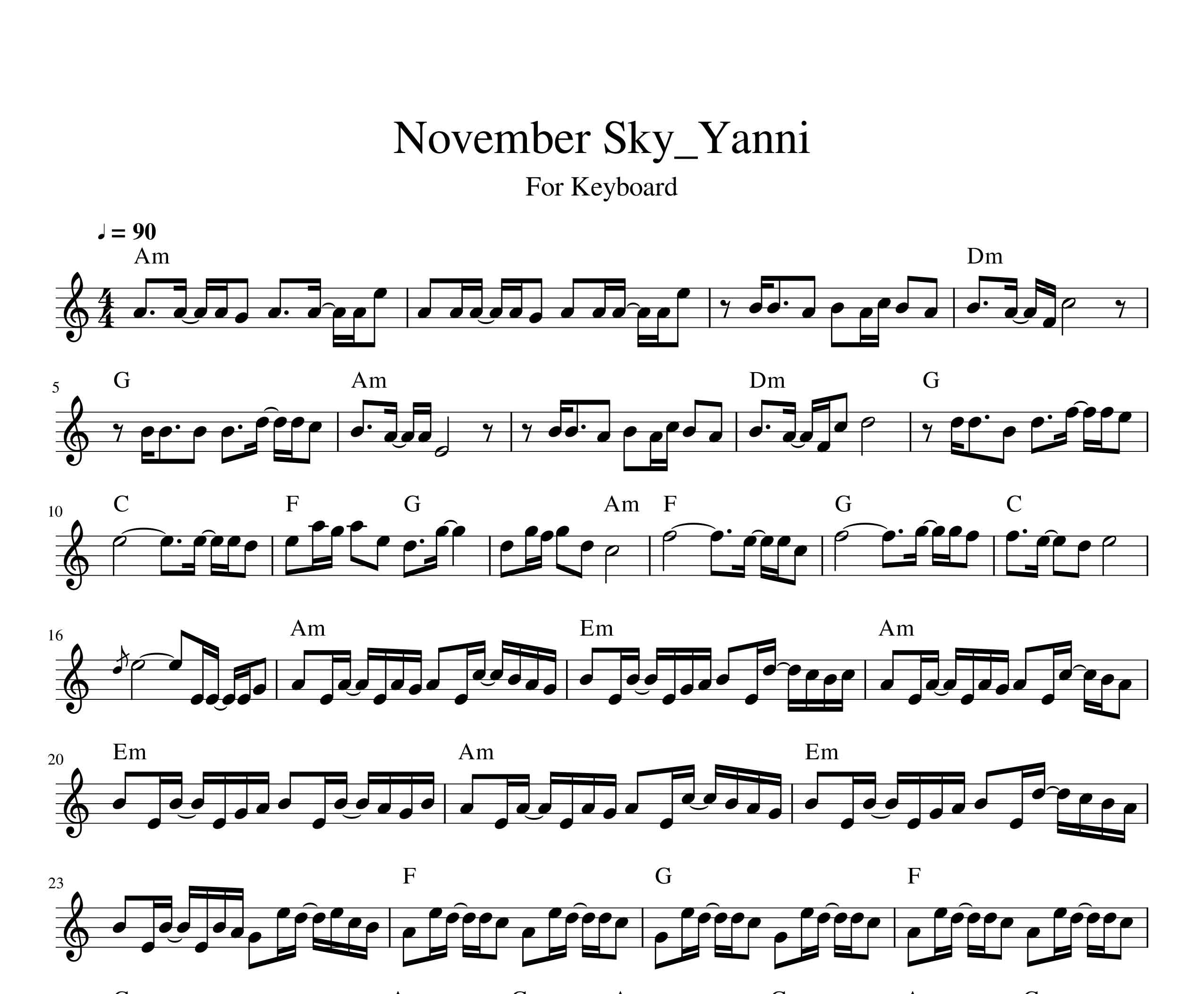 نت کیبورد آهنگ November Sky از یانی به همراه آکورد