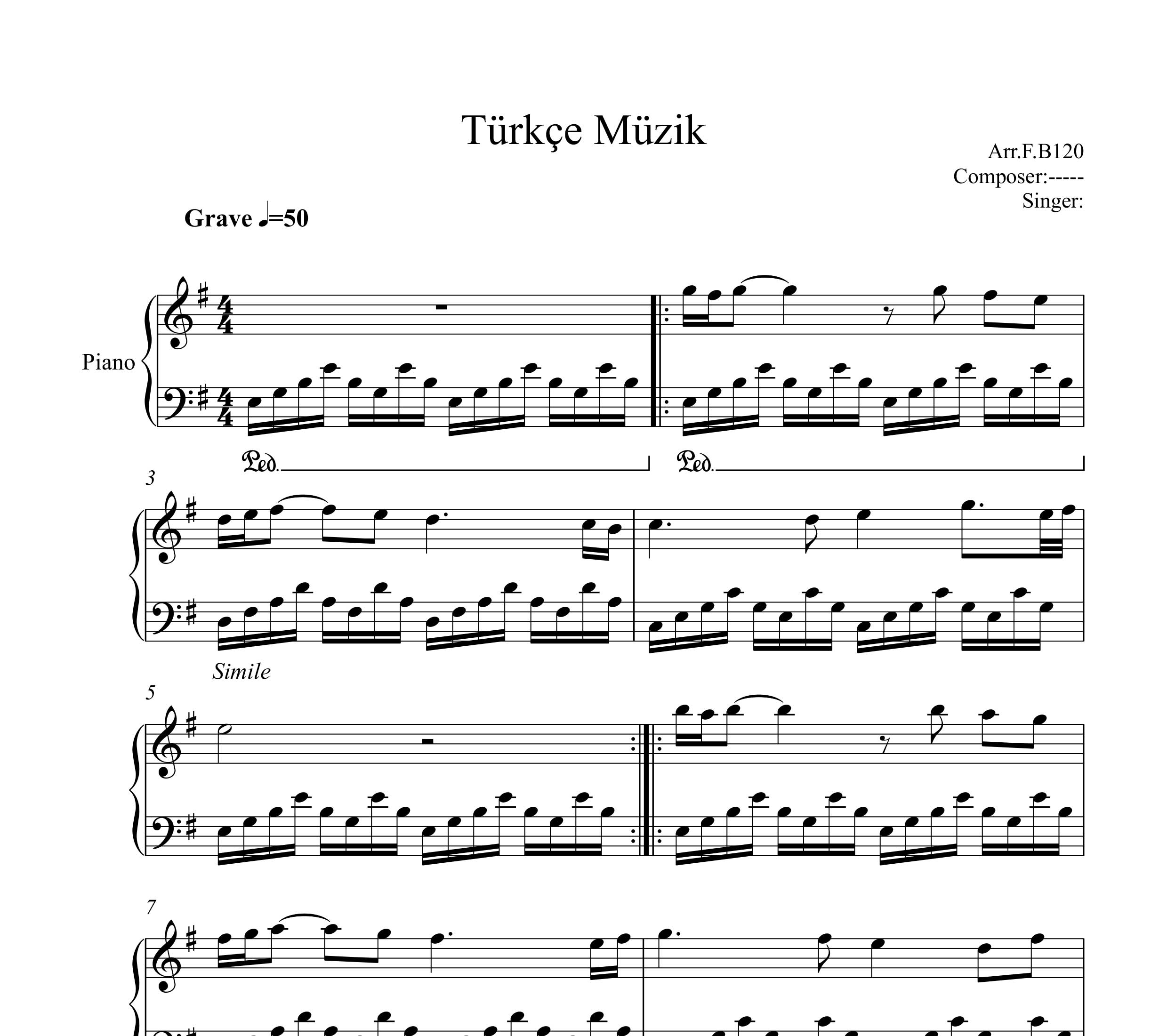 نت ترکی Türkçe Müzik برای پیانو