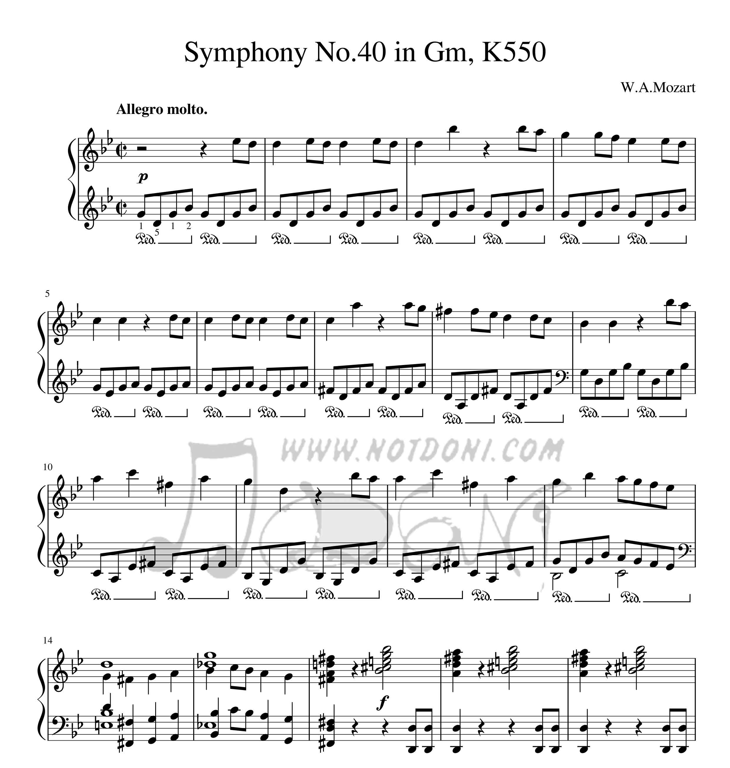 نت پیانو سمفونی شماره 40 موتسارت