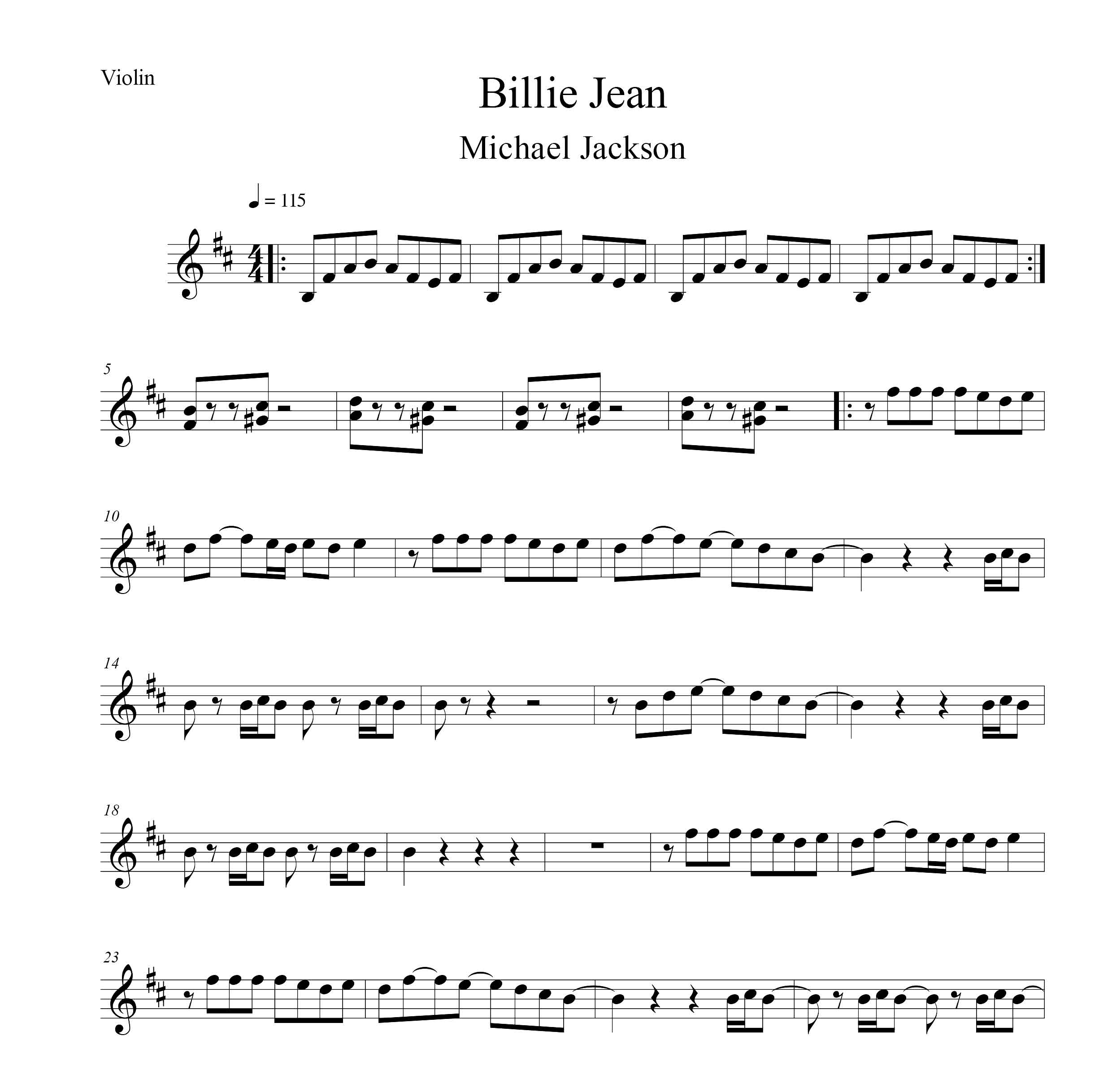 نت ویولن آهنگ Billie Jean از مایکل جکسون