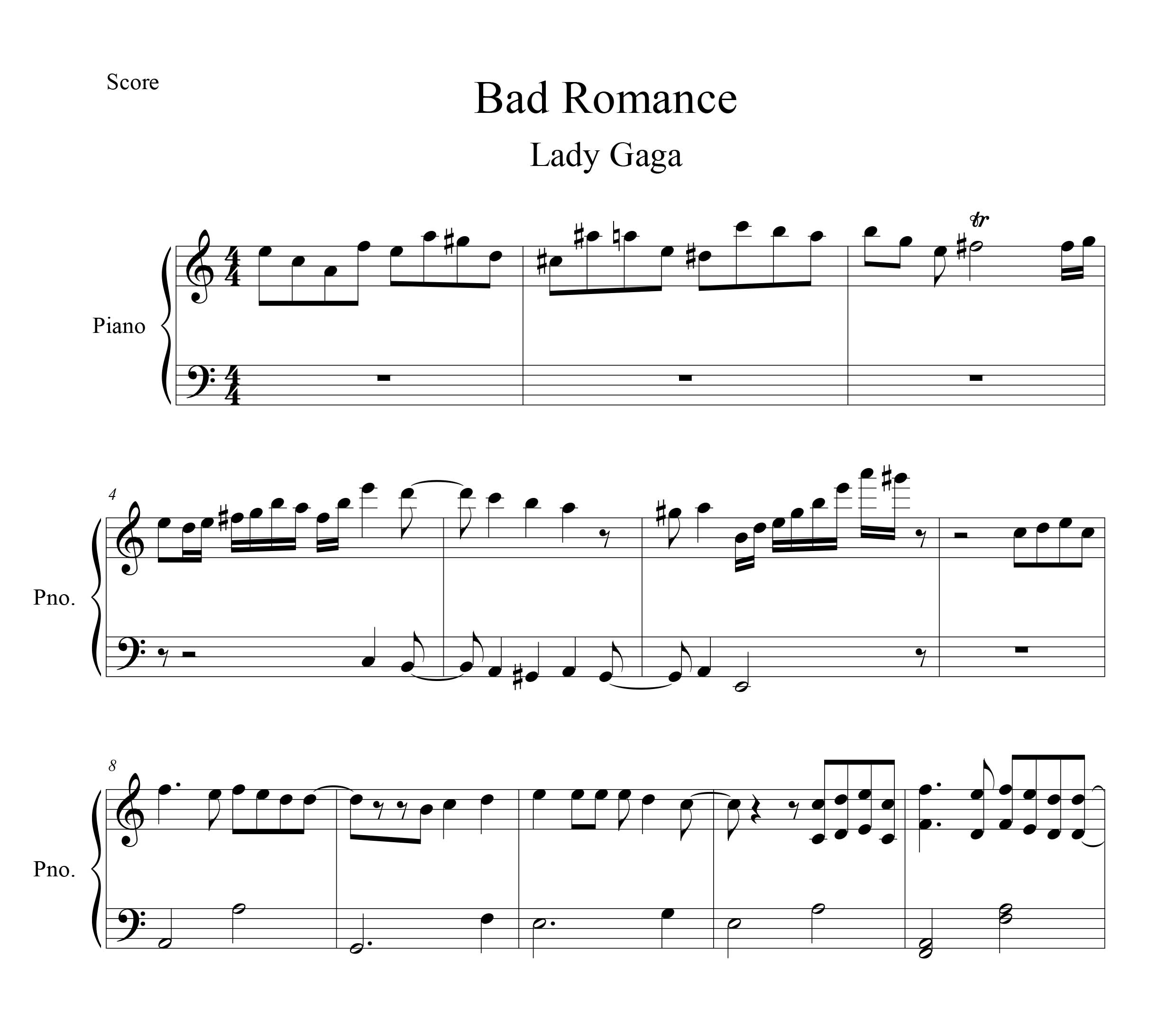 نت پیانو Bad Romance از لیدی گاگا