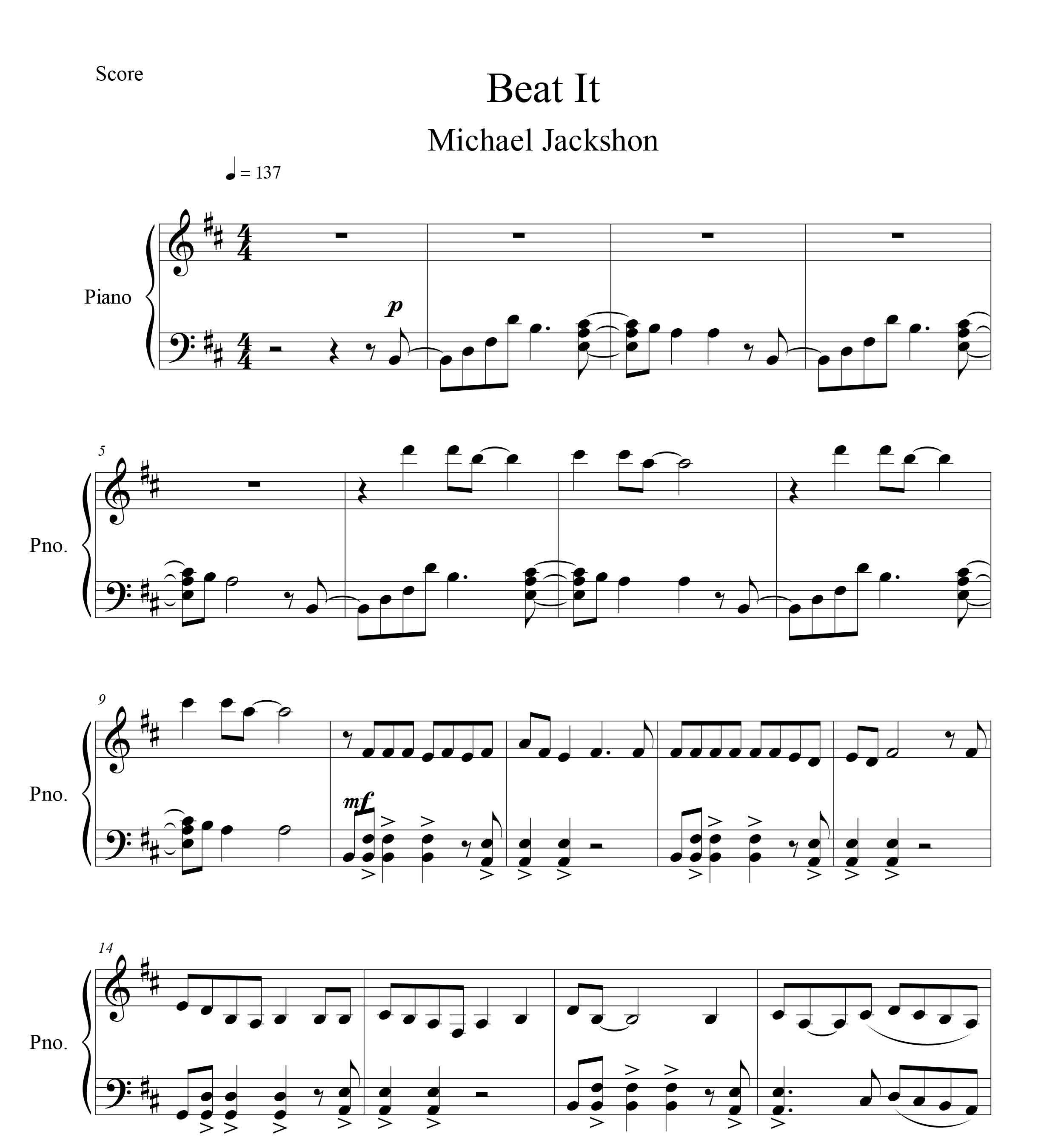 نت پیانو آهنک Beat It از مایکل جکسون
