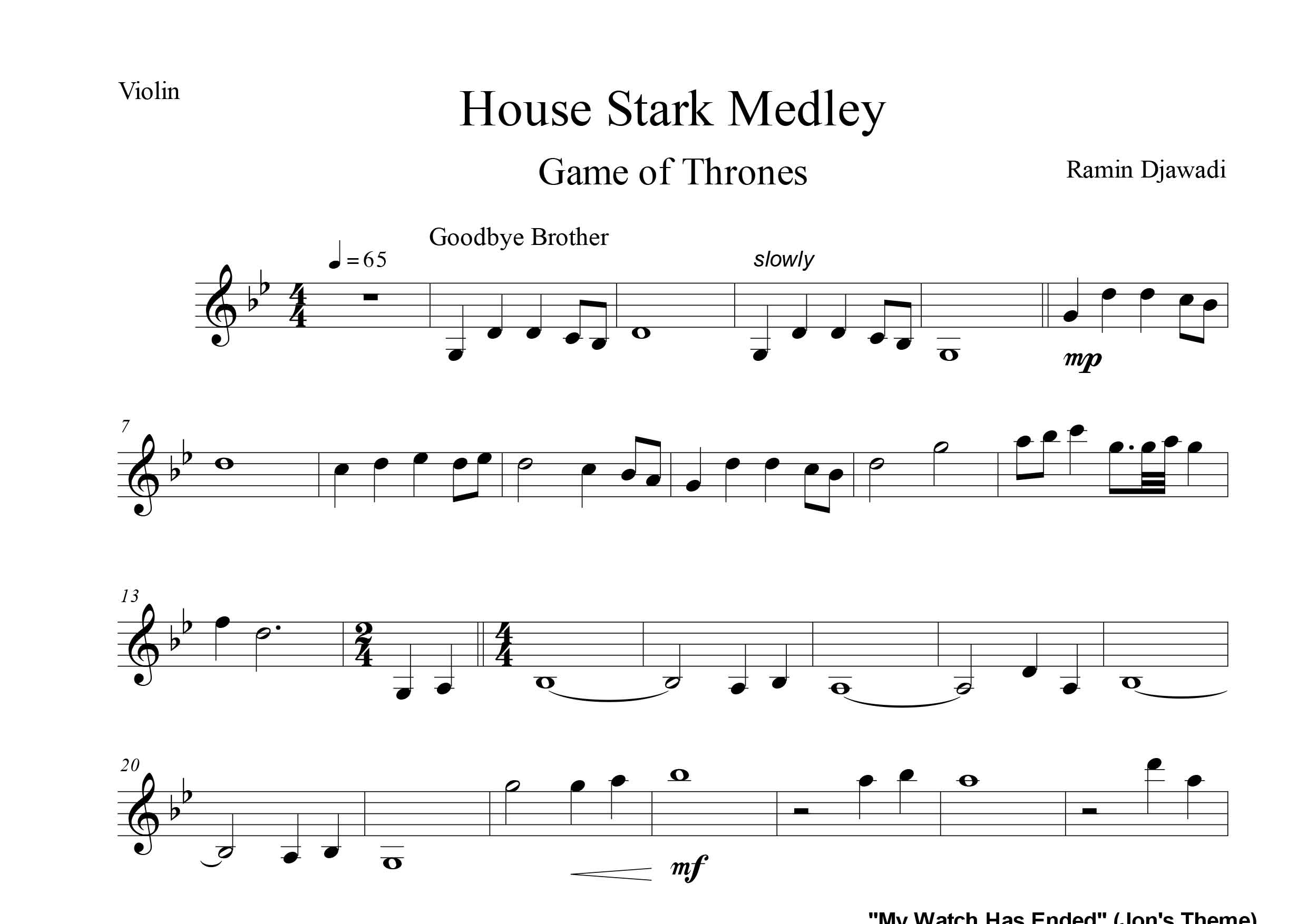 نت ویولن قطعه House Stark Medley از سریال game of thrones