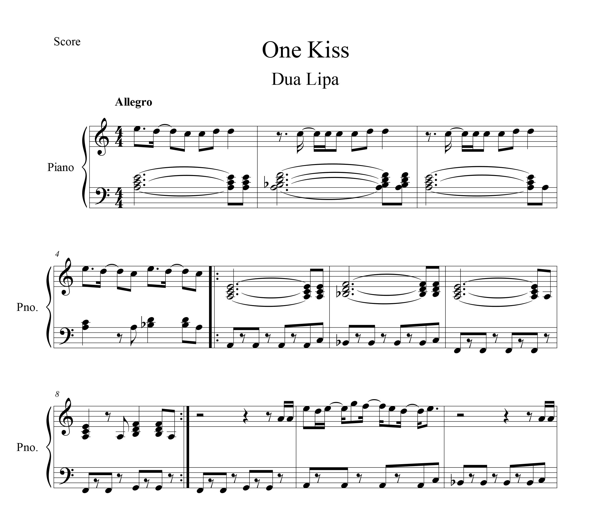 نت پیانو One Kiss از Dua Lipa