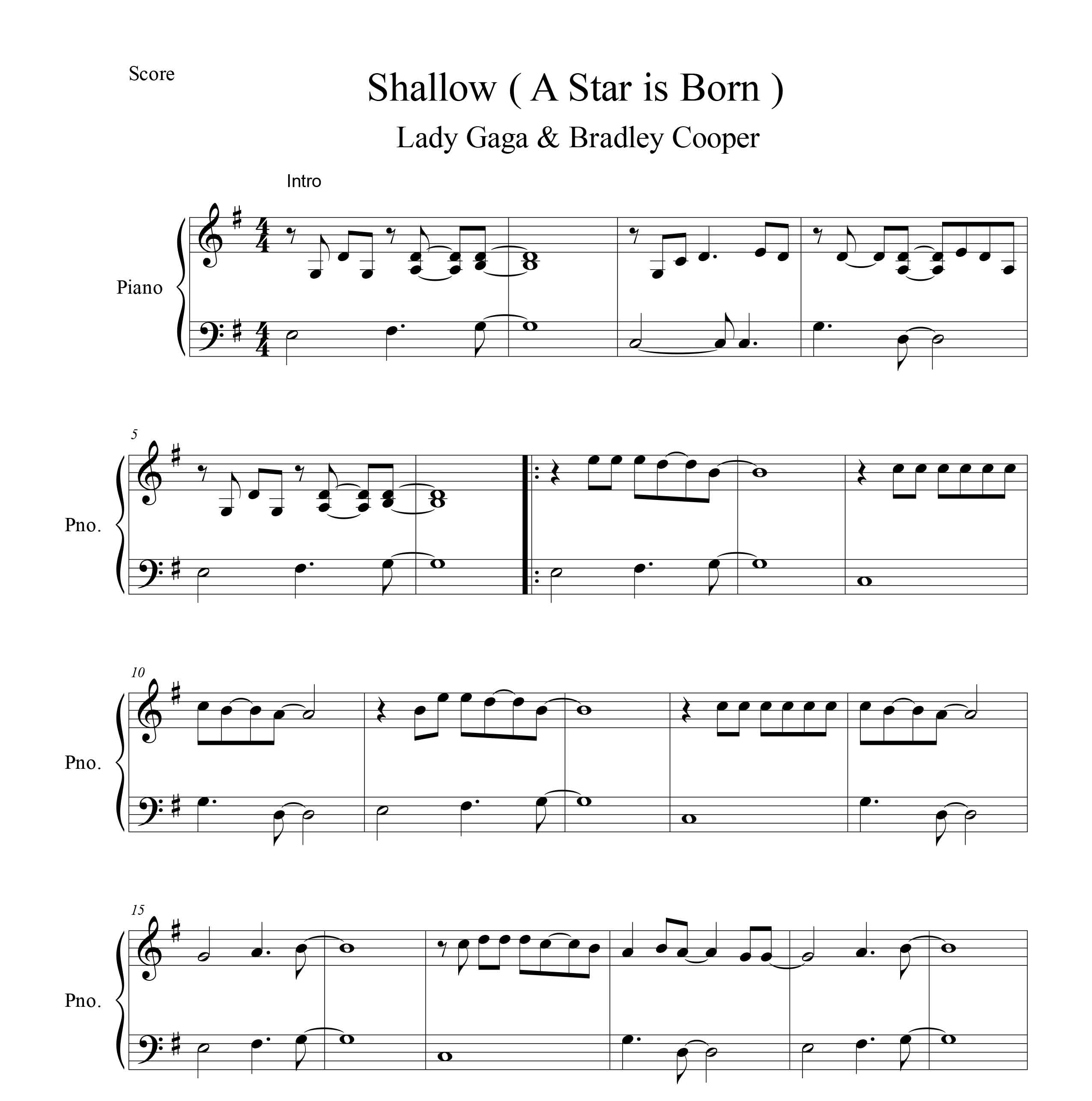 نت پیانو قطعه Shallow از Lady Gaga از فیلم A star is born با تنظیم ساده