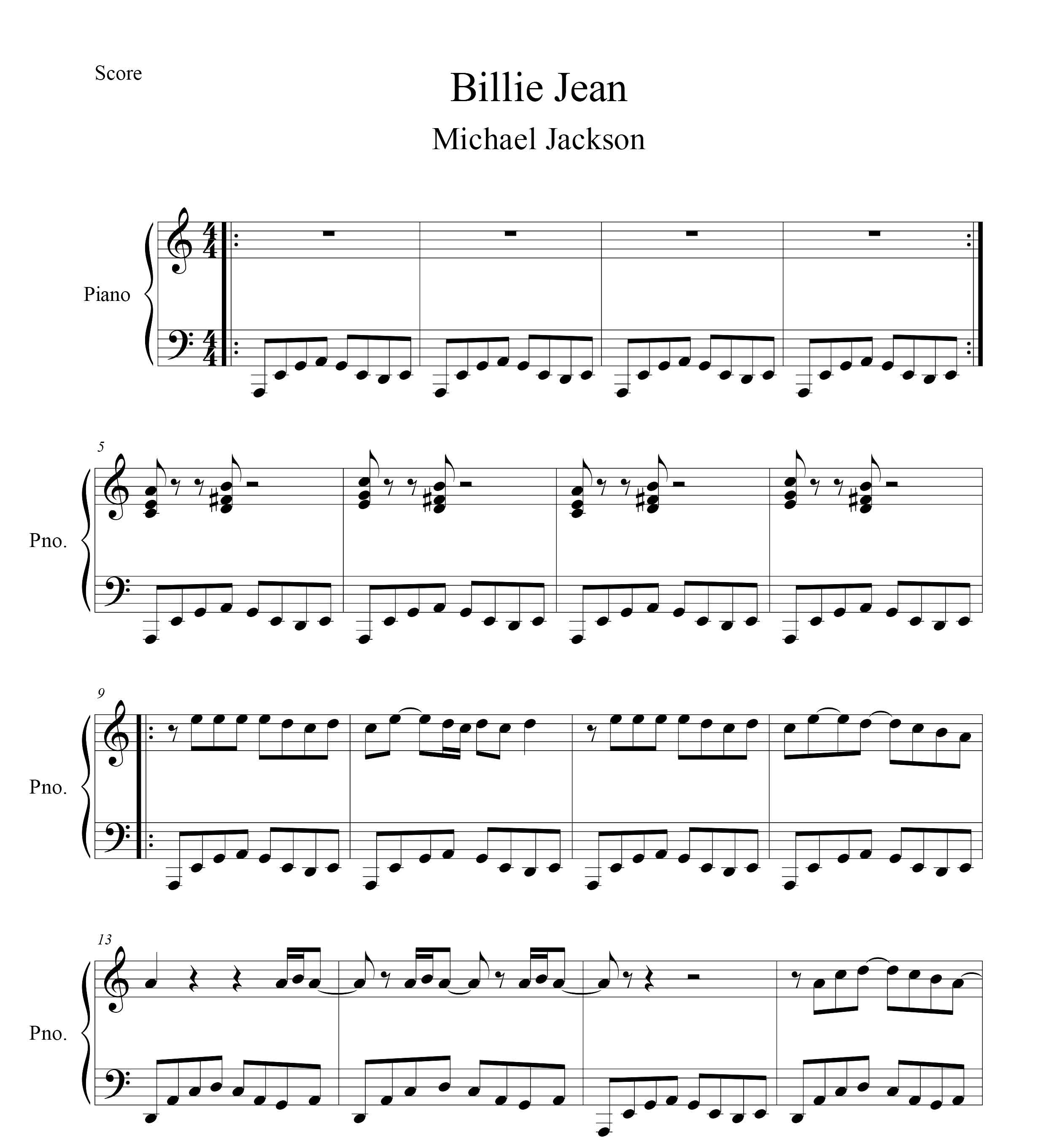 نت پیانو آهنگ Billie Jean از مایکل جکسون