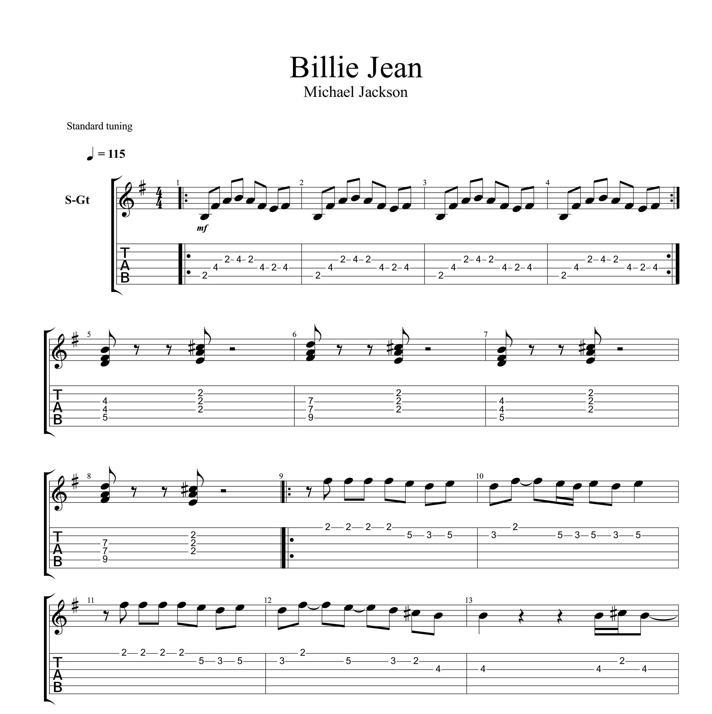 نت و تبلچر آهنگ Billie Jean از مایکل جکسون برای گیتار