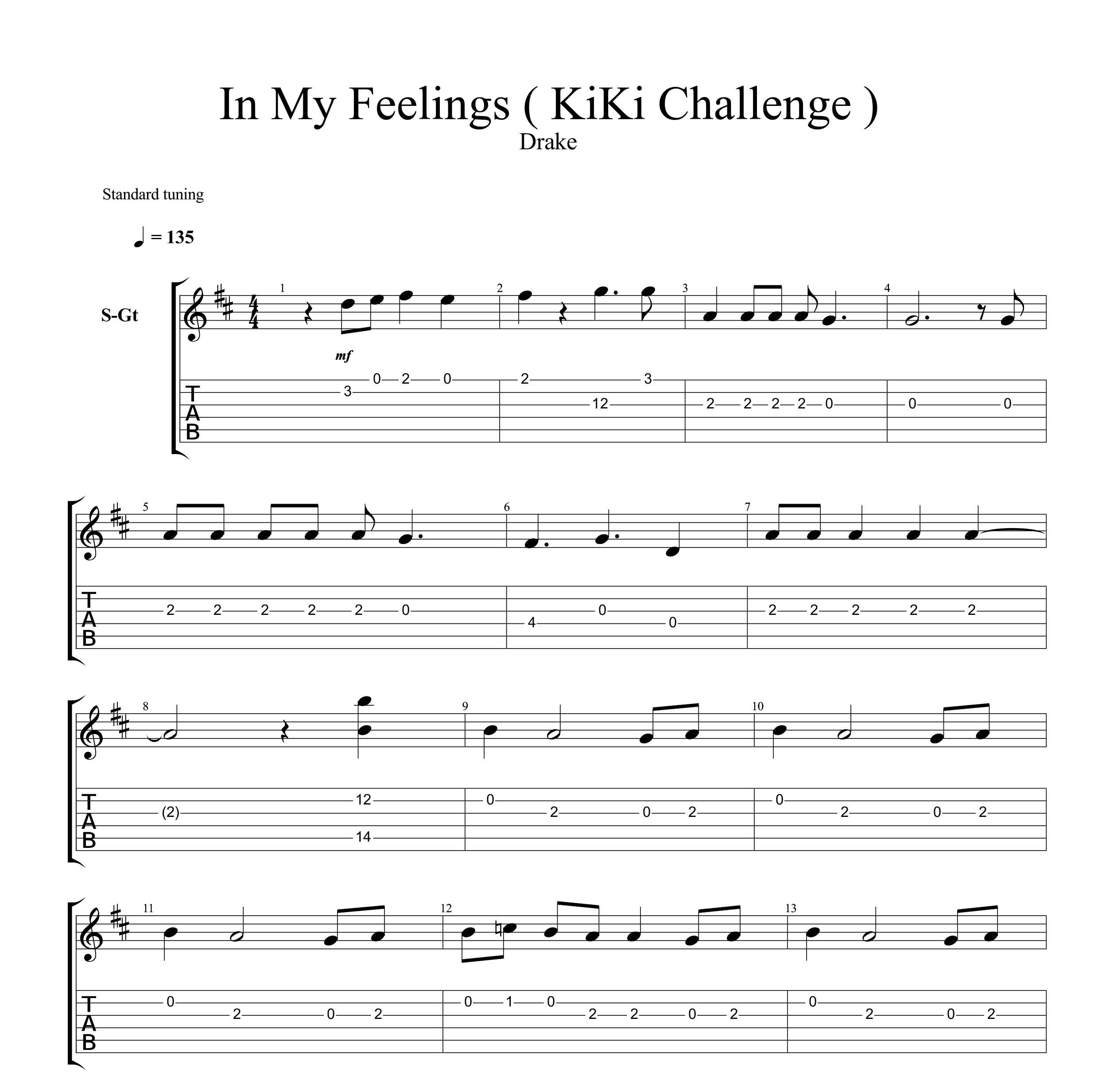 نت و تبلچر آهنگ In My Feelings (چالش کی کی ) برای گیتار