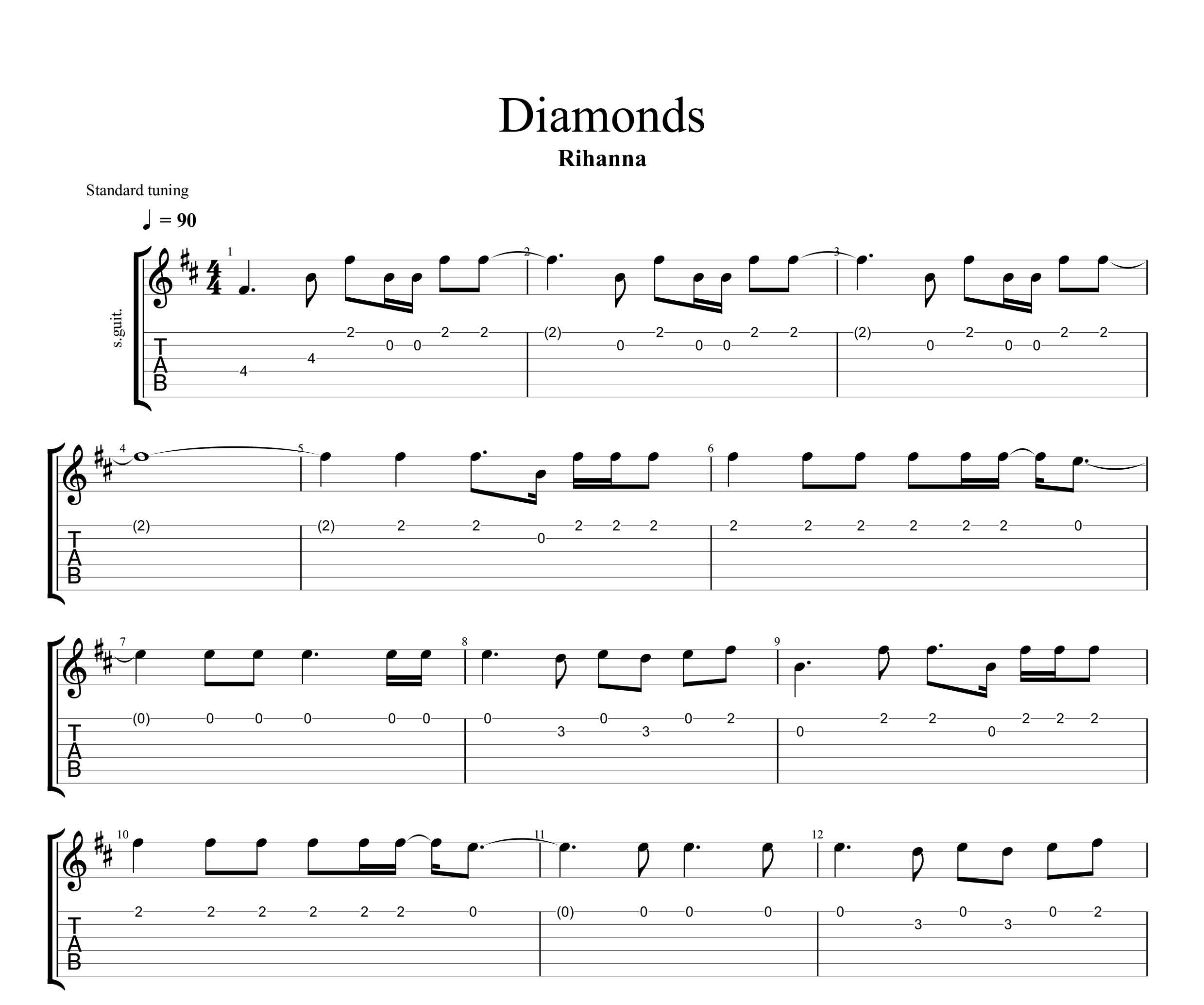 نت و تبلچر آهنگ Diamonds از Rihanna برای گیتار
