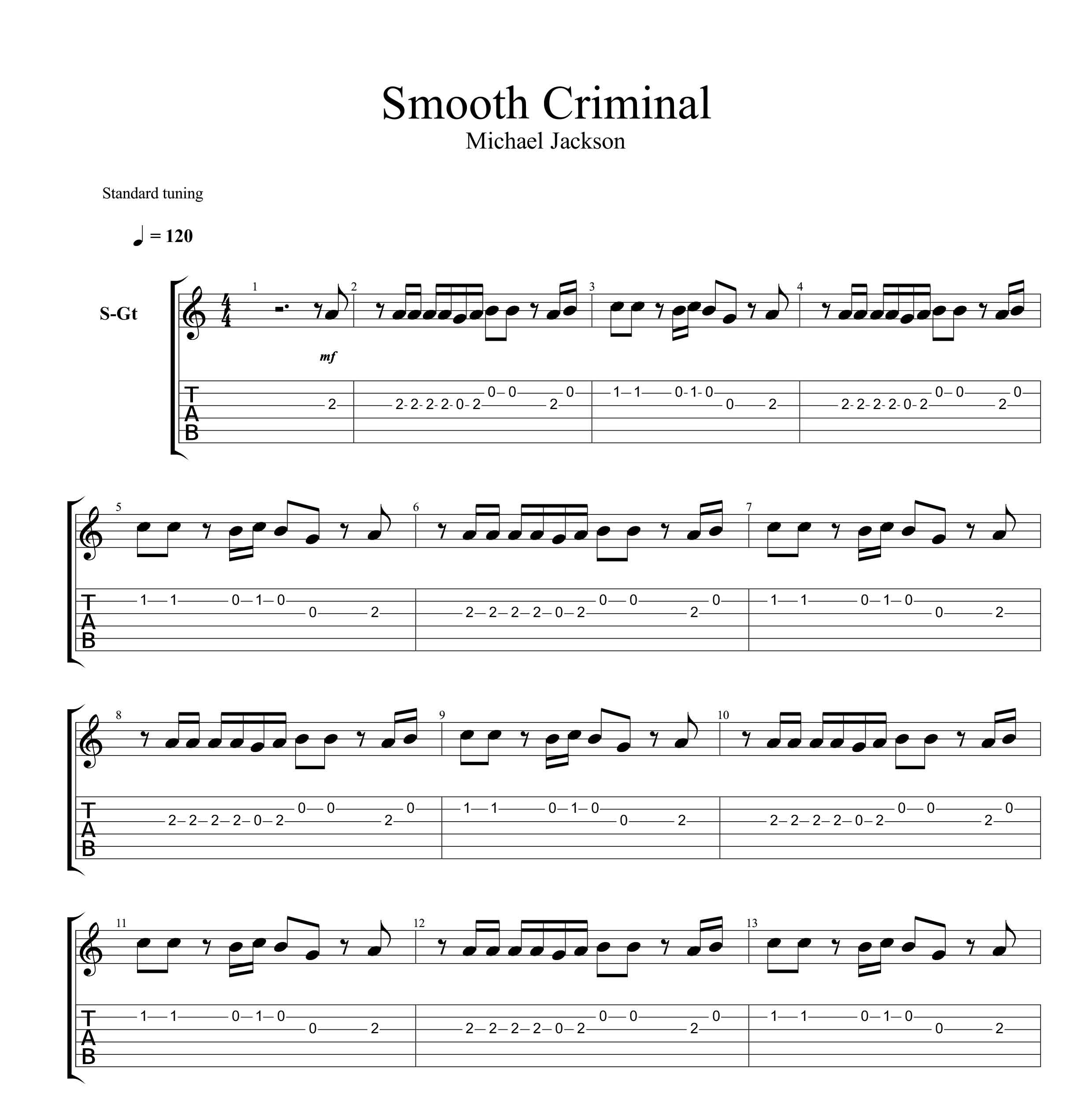 نت و تبلچر آهنگ smooth criminal از مایکل جکسون برای گیتار