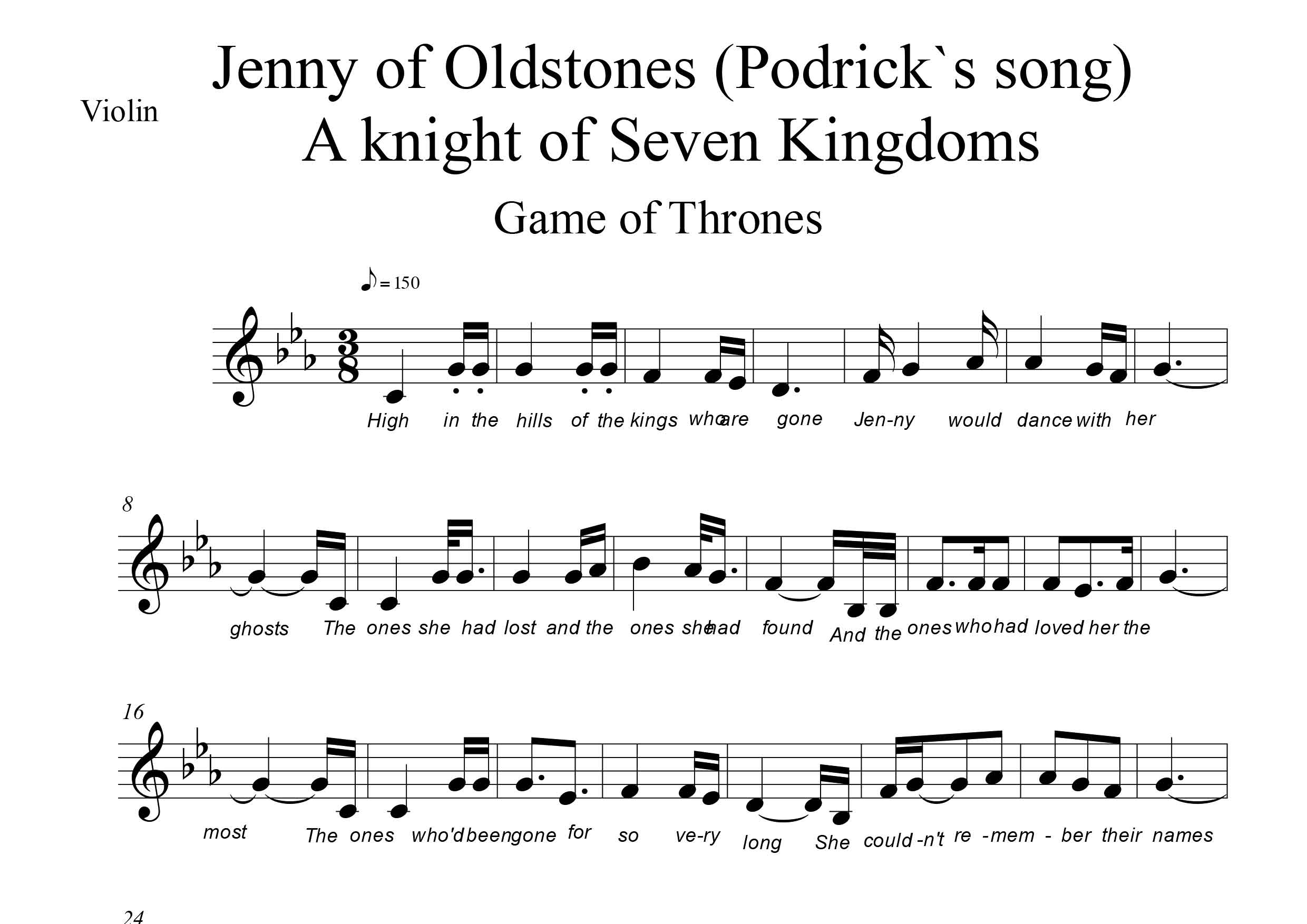 نت ویولن قطعه Jenny of Oldstones A Knight of the Seven Kingdoms از سریال game of thrones