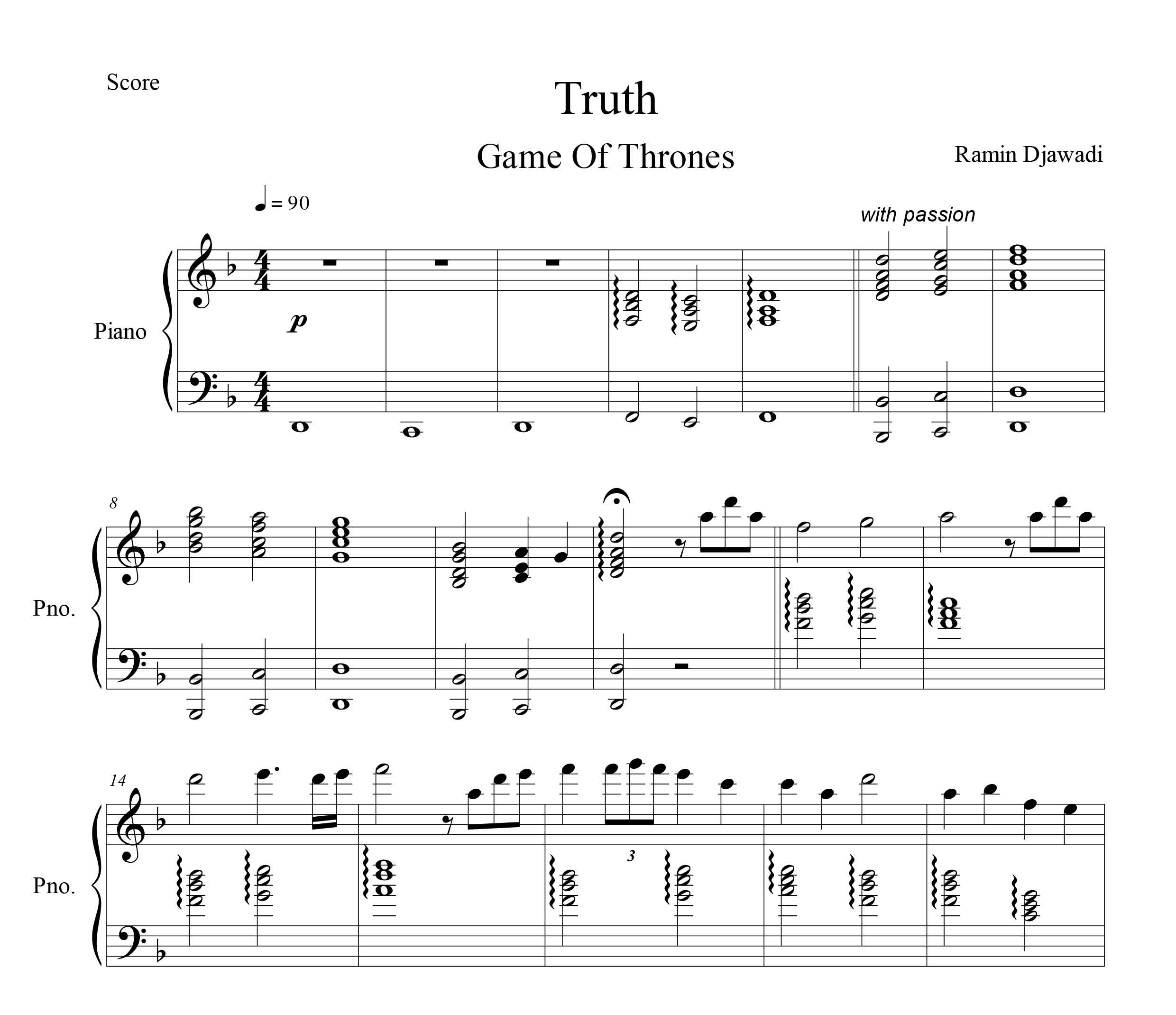 نت پیانو قطعه Truth از سریال game of thrones