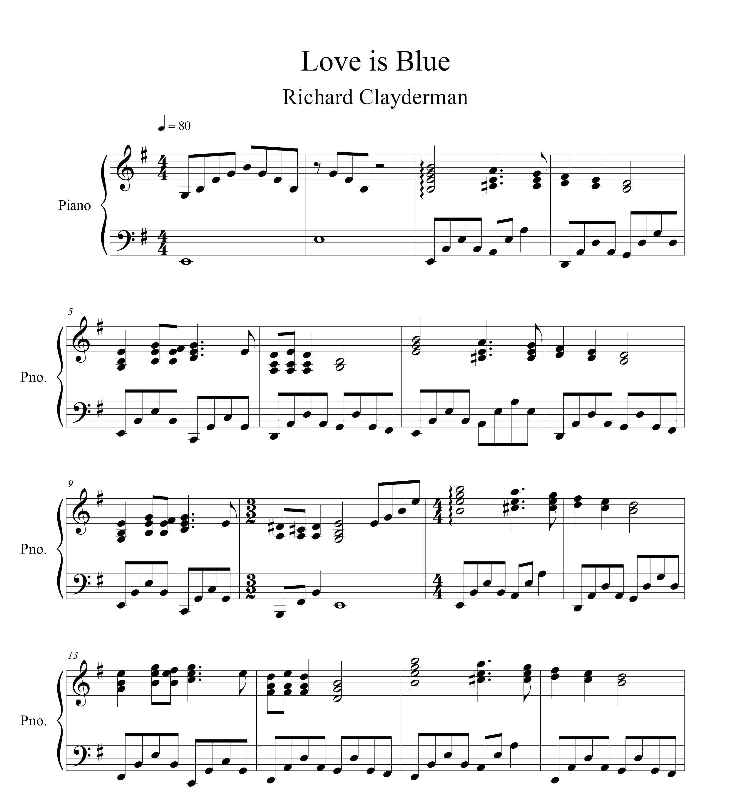 نت پیانوی قطعه Love is Blue از ریچارد کلایدرمن