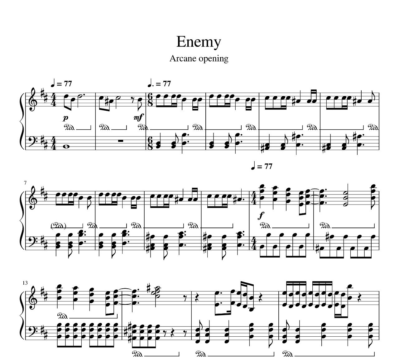 نت پیانو قطعه Enemy تیتراژ ابتدایی سریال Arcane