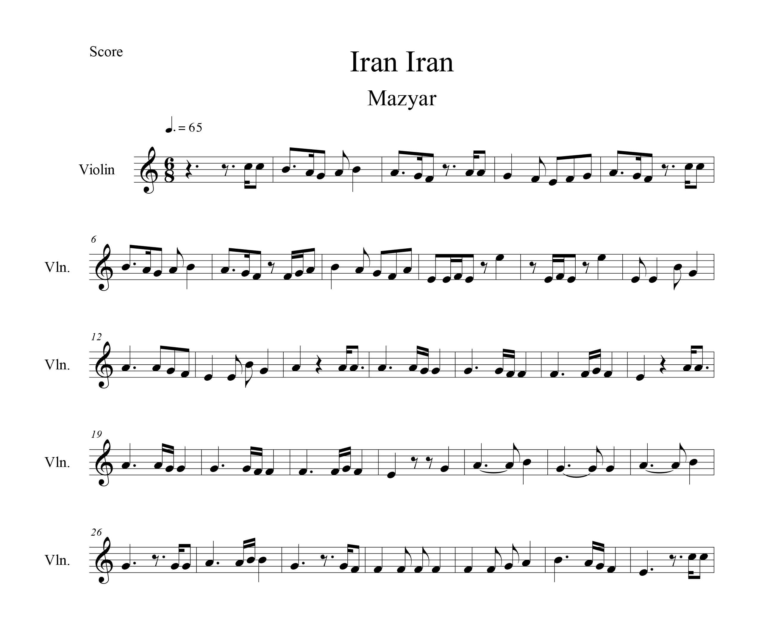 نت ویولن آهنگ ایران ایران از مازیار