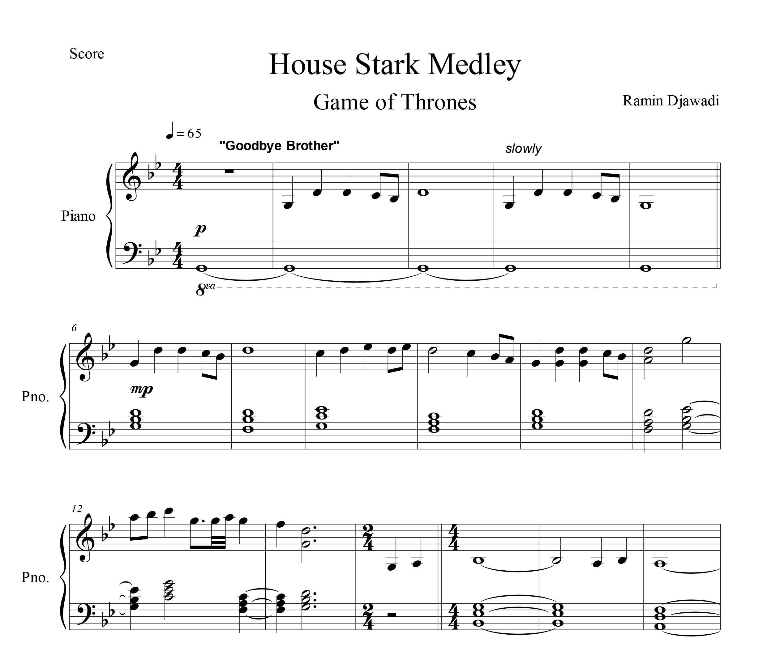 نت پیانو قطعه House Stark Medley از سریال game of thrones