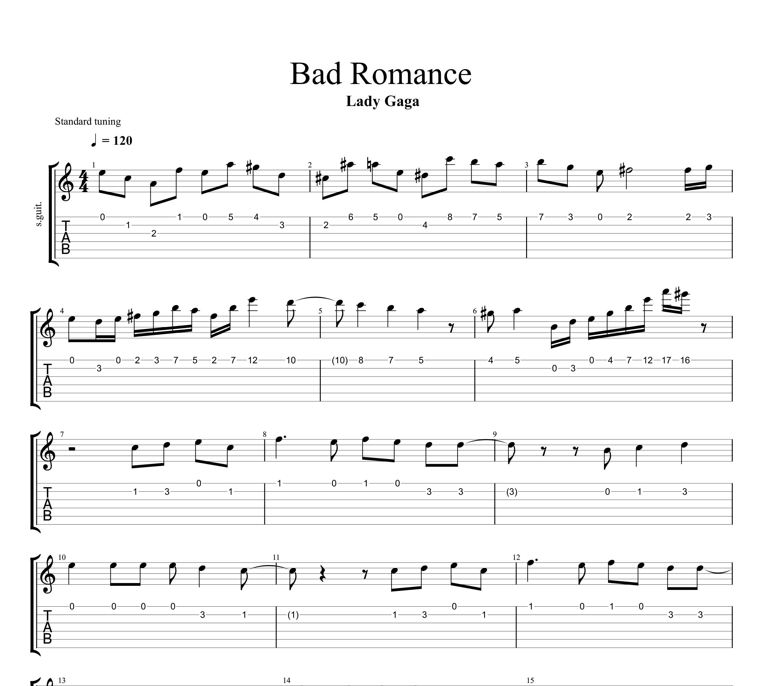 نت و تبلچر Bad Romance از لیدی گاگا برای گیتار