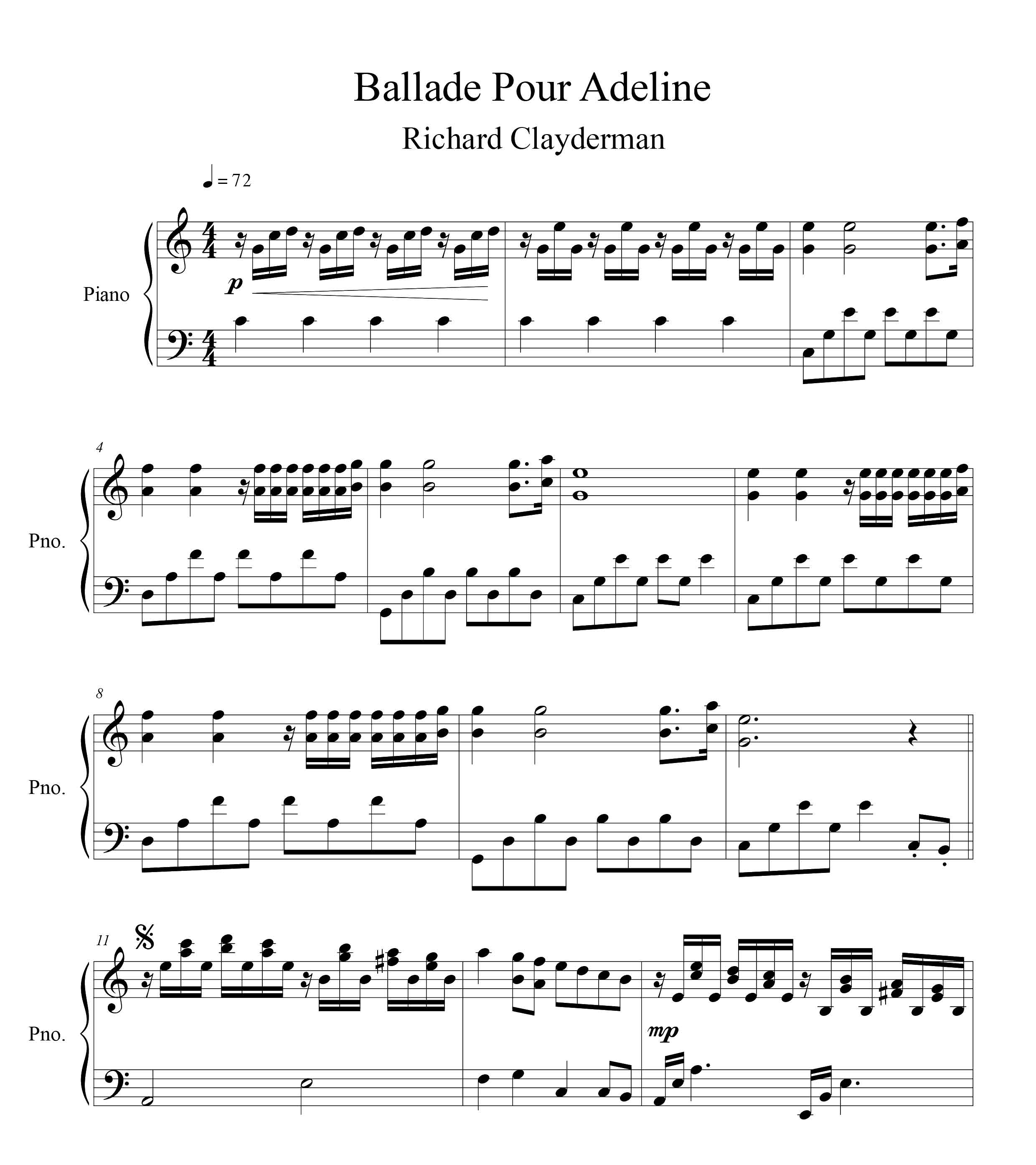 نت پیانوی قطعه Ballade Pour Adeline از ریچارد کلایدرمن