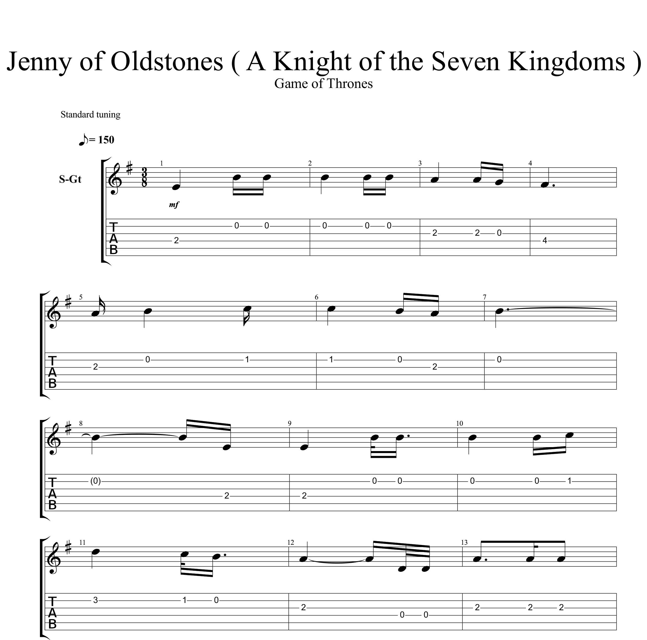 نت و تبلچر قطعه Jenny of Oldstones A Knight of the Seven Kingdoms از سریال game of thrones برای گیتار