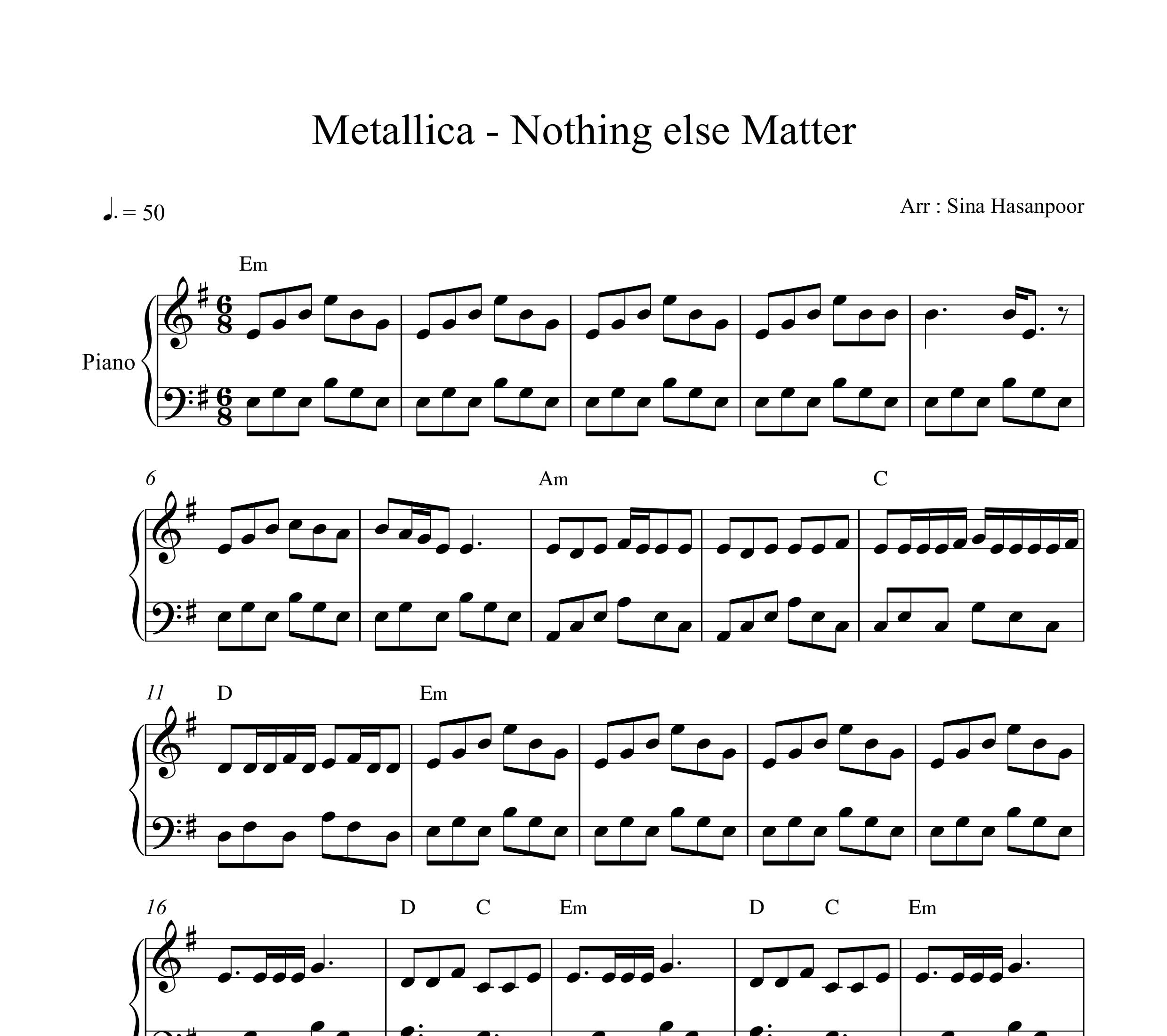 نت پیانوی آهنگ زیبای nothing else matter از متالیکا
