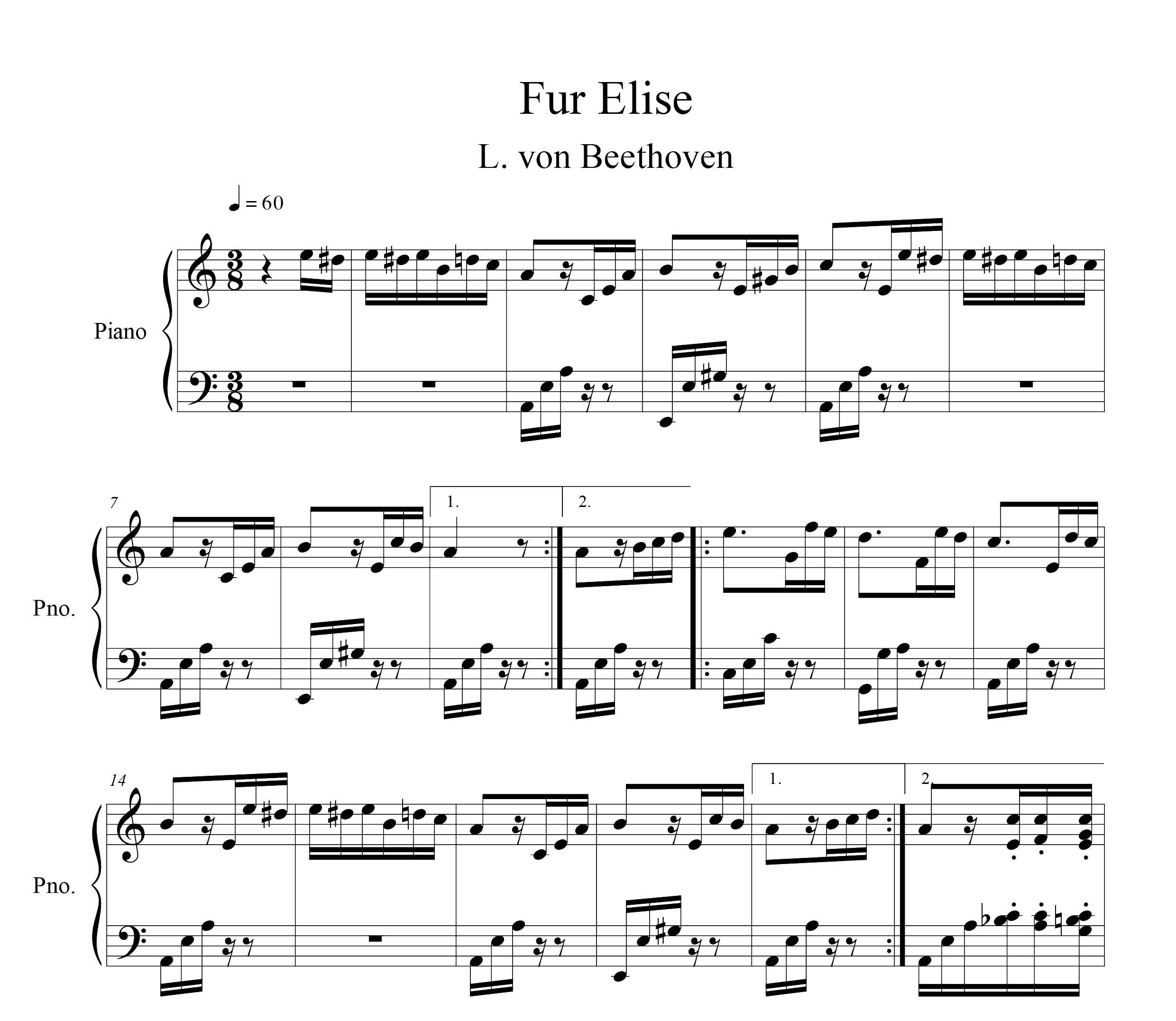 نت پیانوی قطعه  for elise