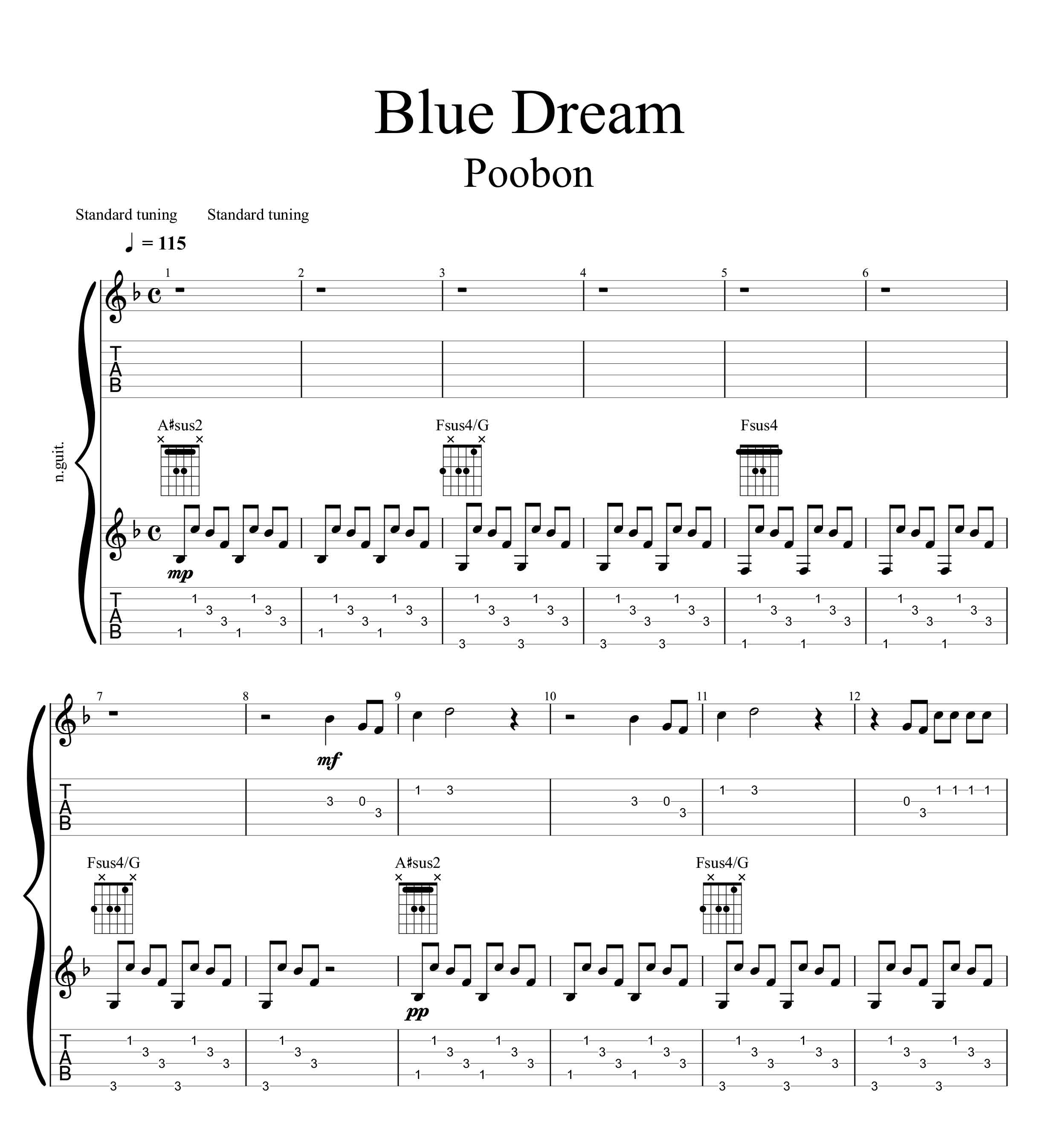 نت و آکورد گیتار آهنگ Blue Dream (رویای آبی) از پوبون به همراه آرپژ برای دوئت ‍