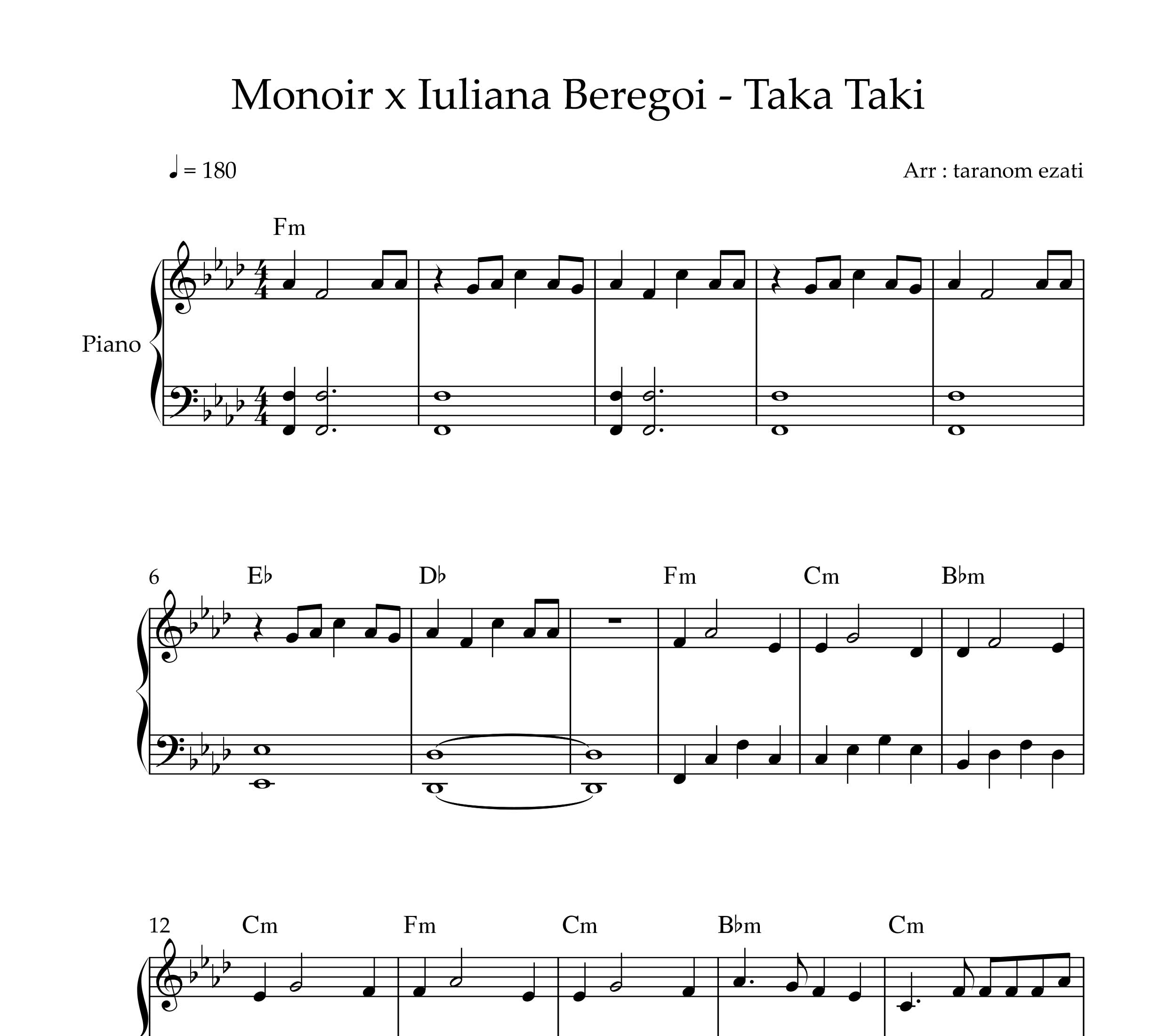 نت پیانو taka taki از monoir x Iuliana beregoi
