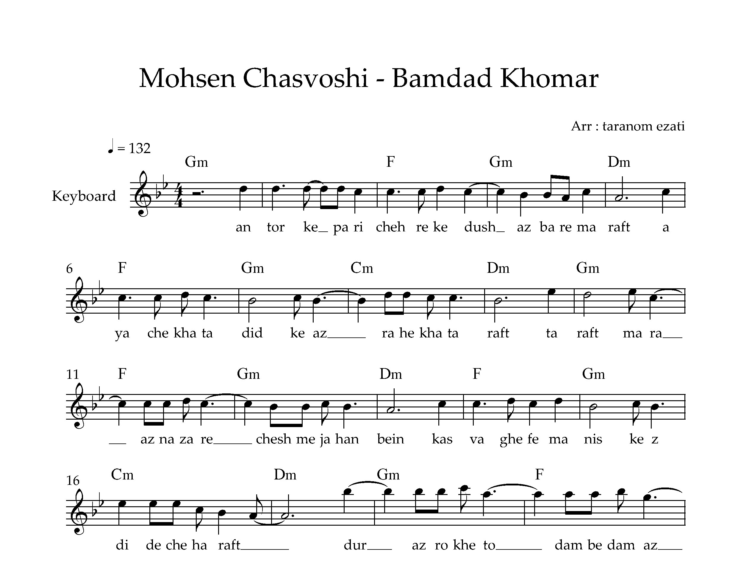 نت کیبورد بامداد خمار محسن چاوشی به همراه آکورد