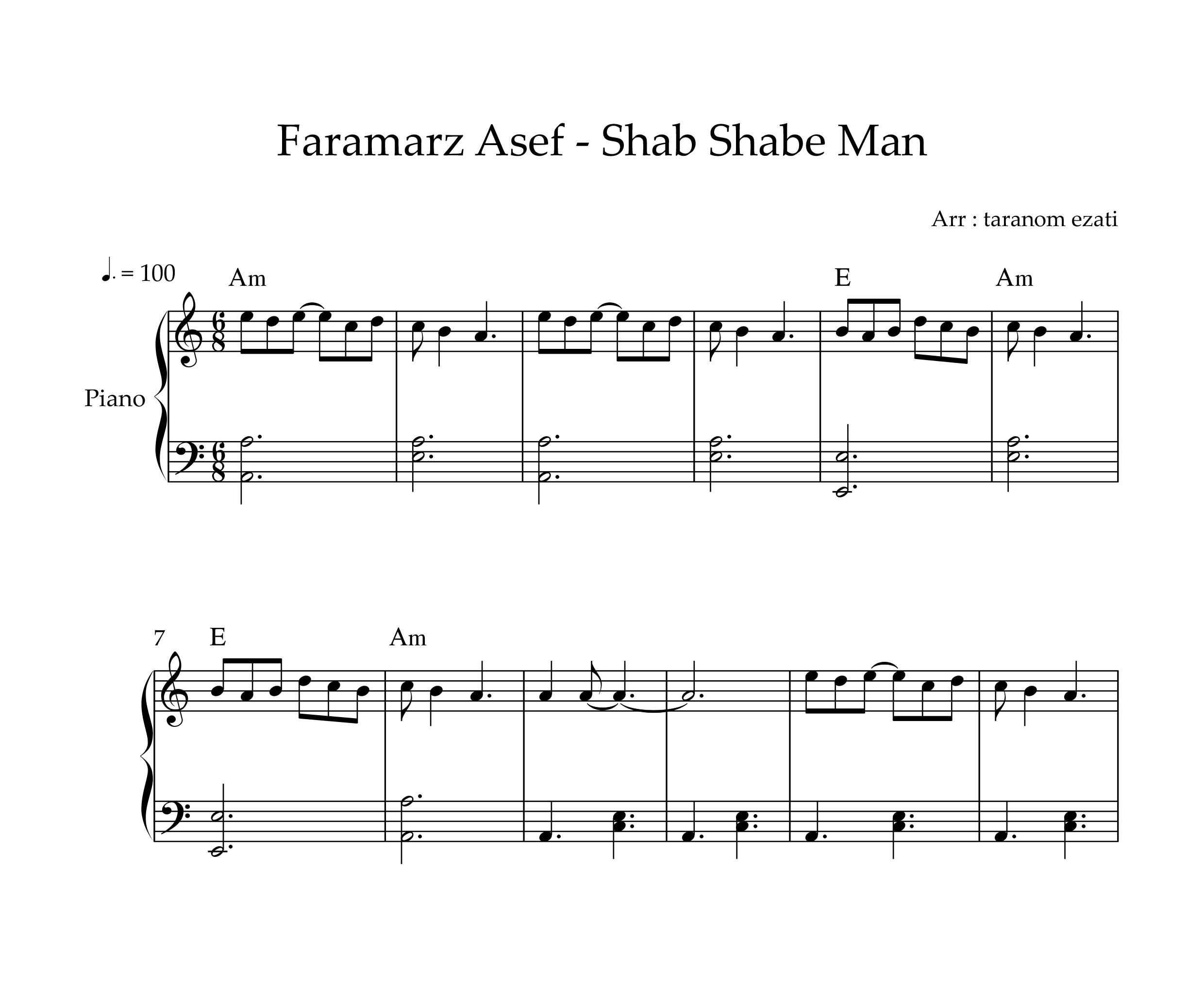 نت پیانو شب شب من فرامرز آصف