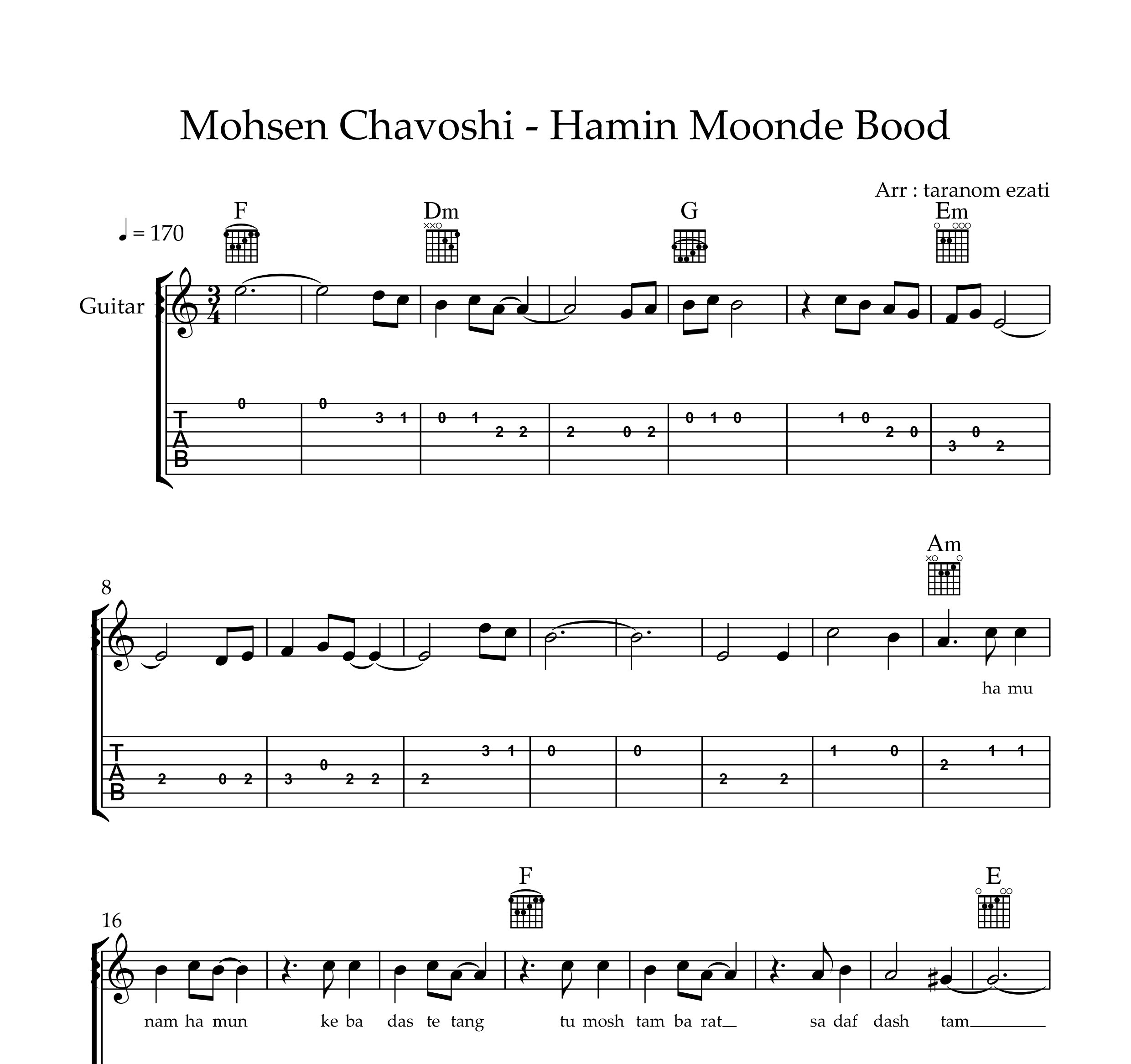 نت گیتار همین مونده بود محسن چاوشی به همراه تبلچر و آکورد
