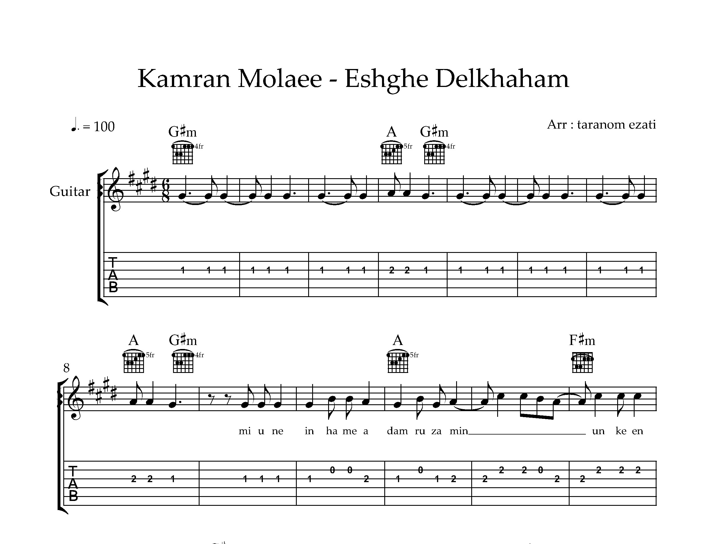 نت گیتار عشق دلخواهم کامران مولایی به همراه تبلچر و آکورد