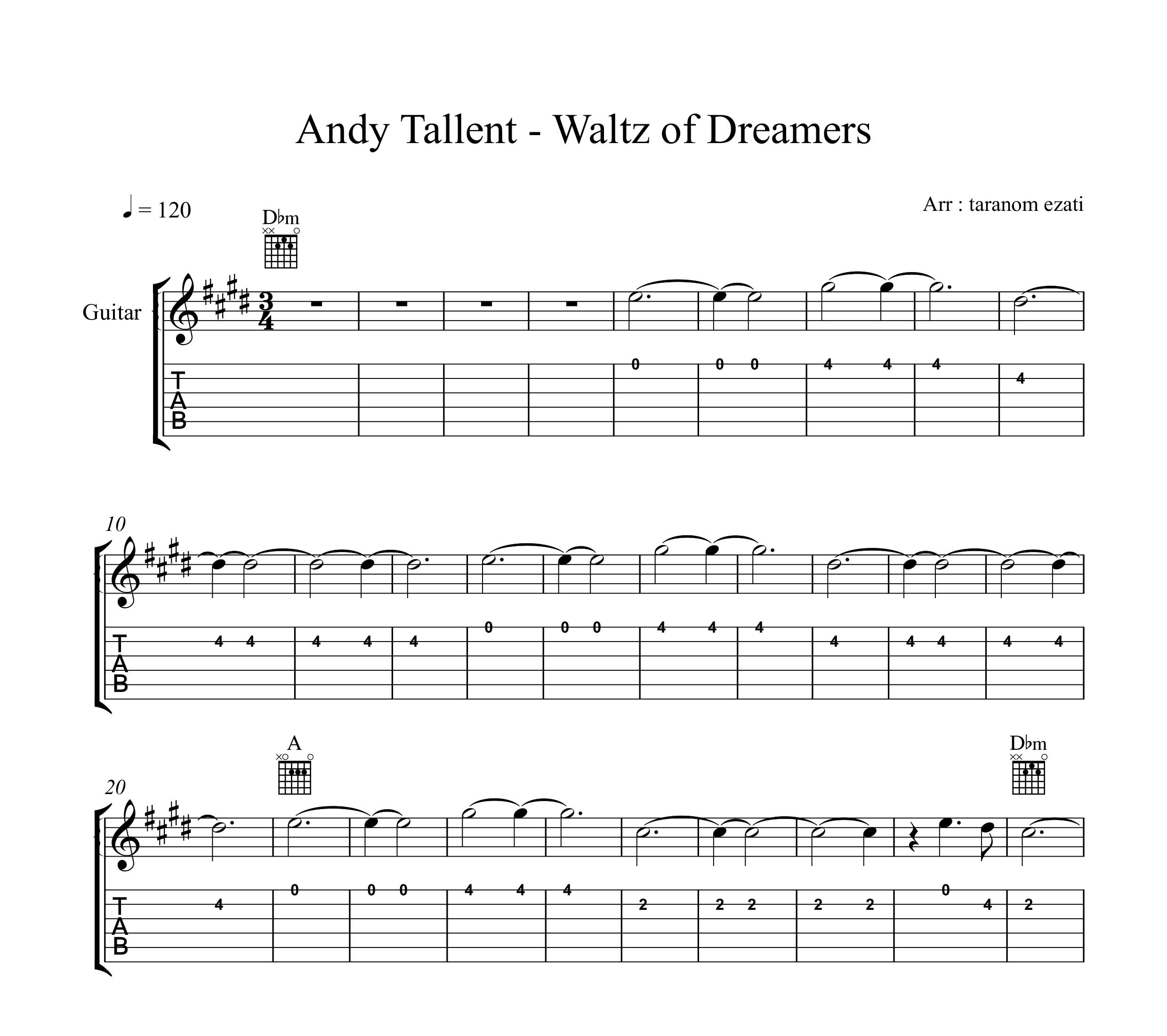 نت گیتار waltz of dreamers از andy tallent به همراه تبلچر و آکورد