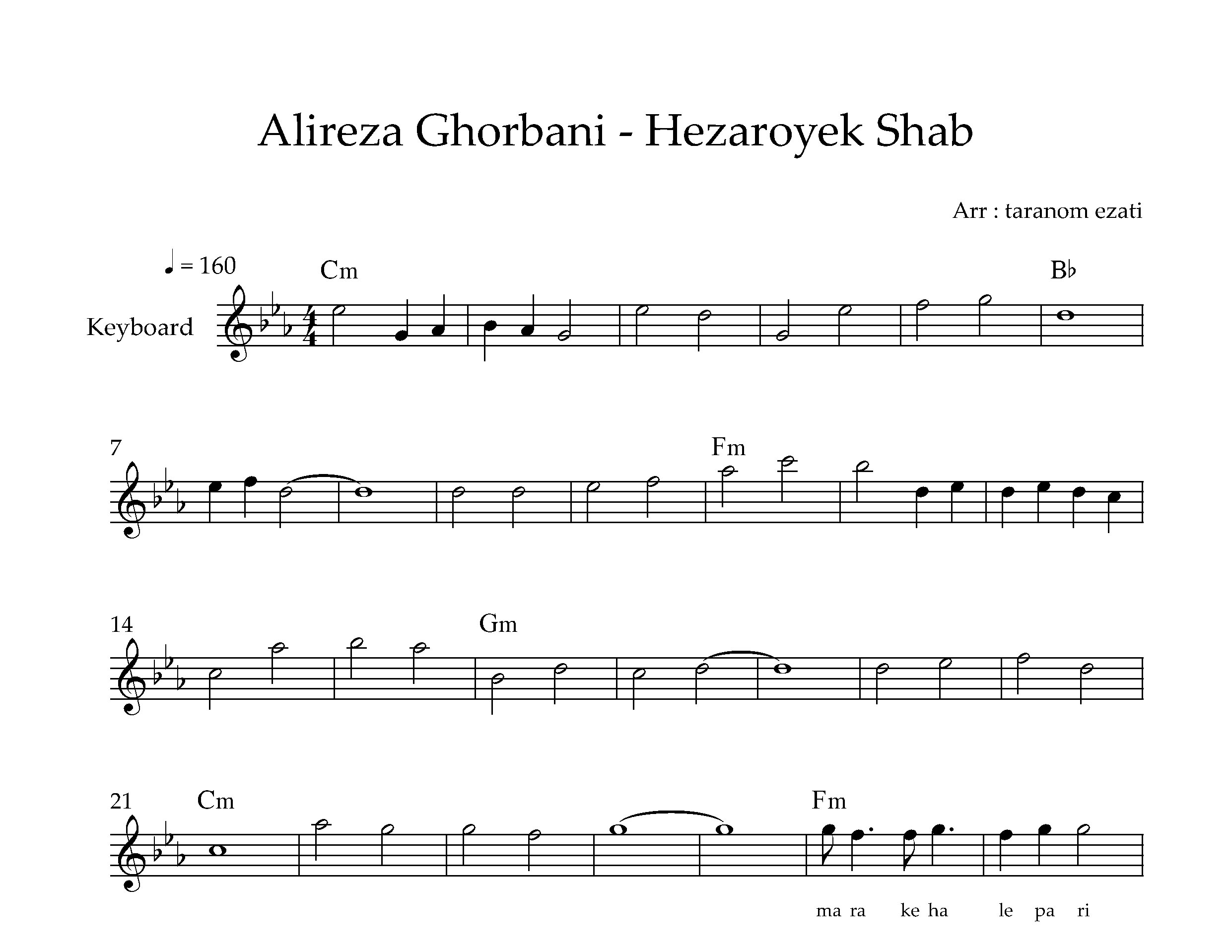 نت کیبورد هزار و یک شب علیرضا قربانی به همراه آکورد