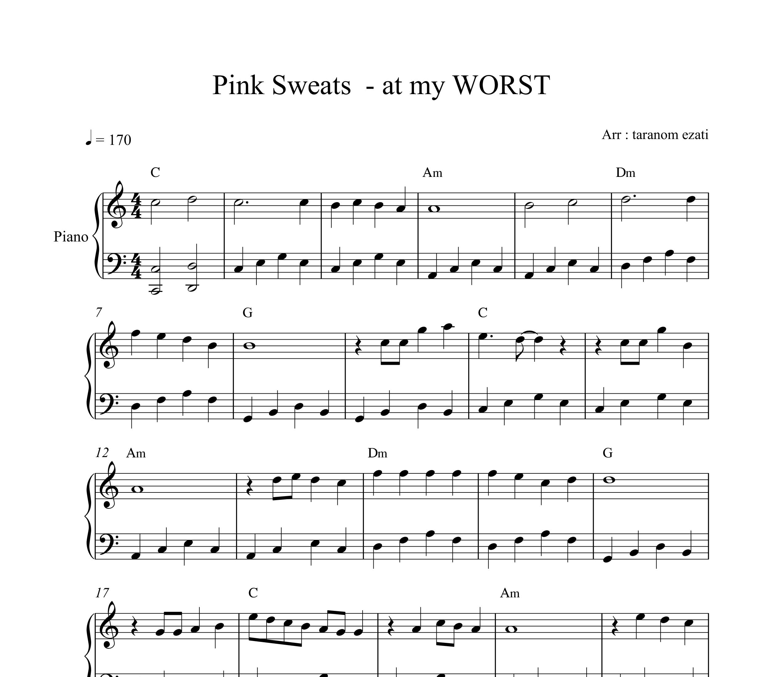 نت پیانو at my worst از pink sweats